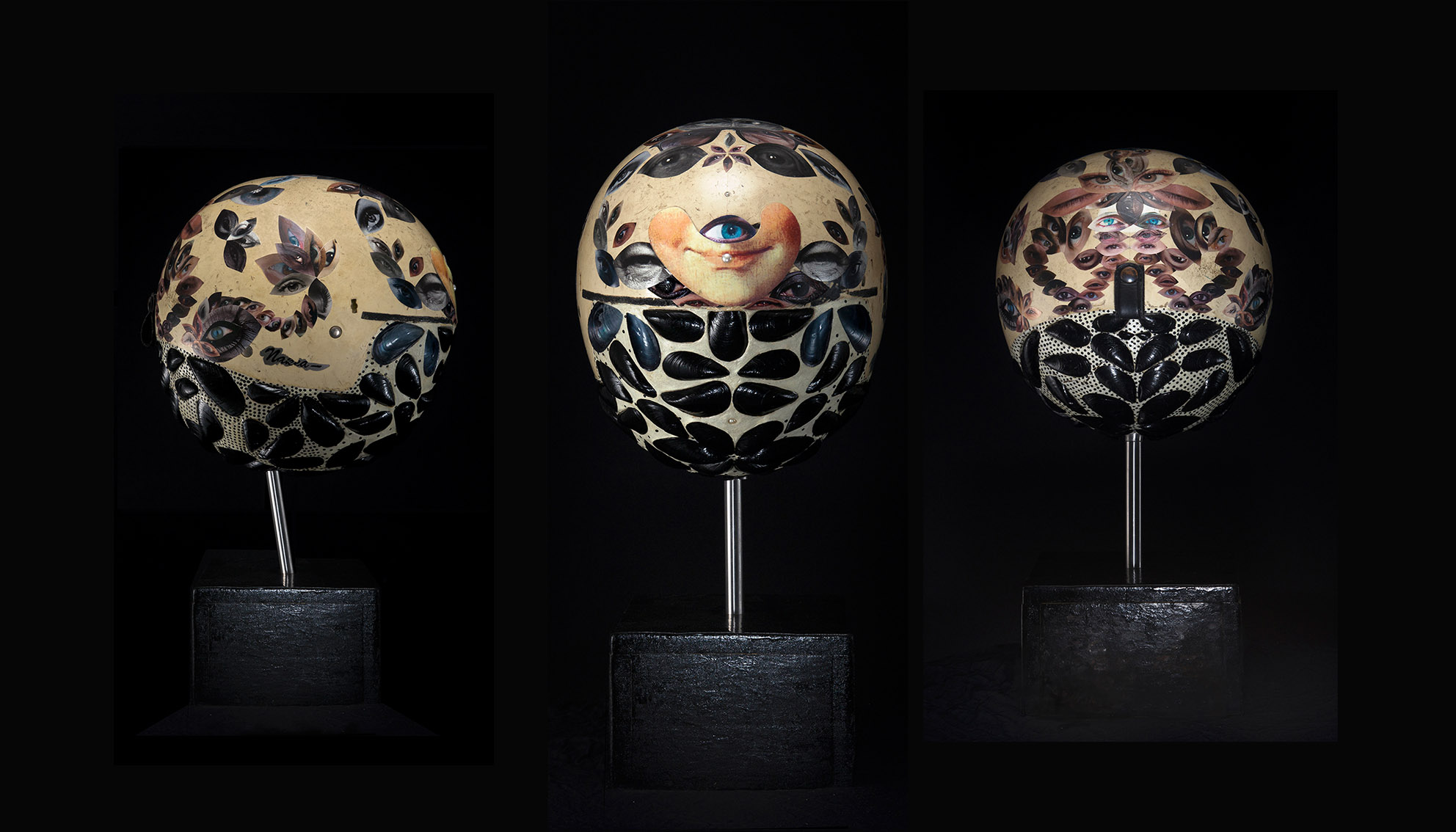 OBLO CASQO, 2014–2017. Ø 28 cm. Casque, coquillage, perles, peinture fluorescante.