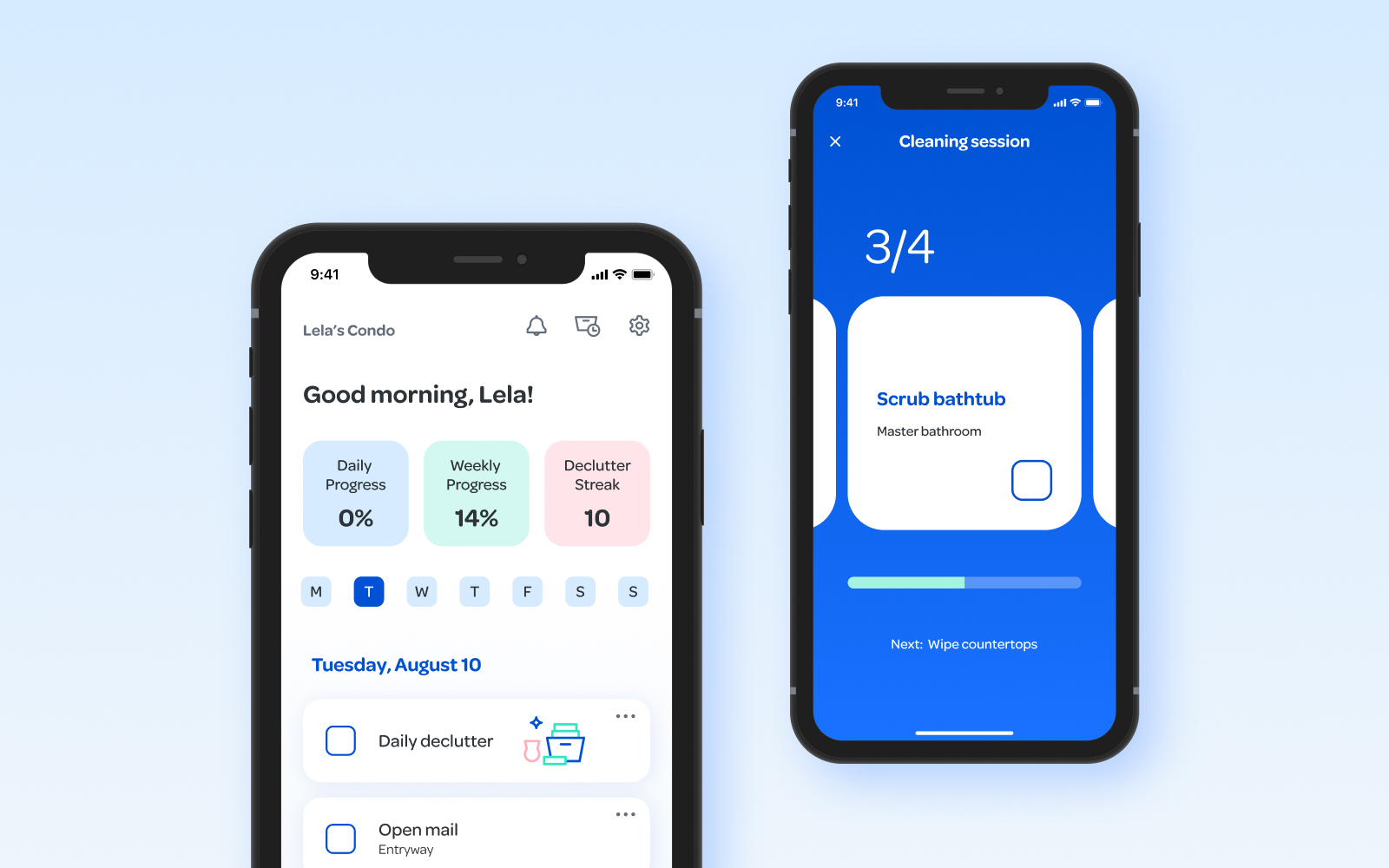 Yaychore app screen designs for the dashboard and cleaning session.