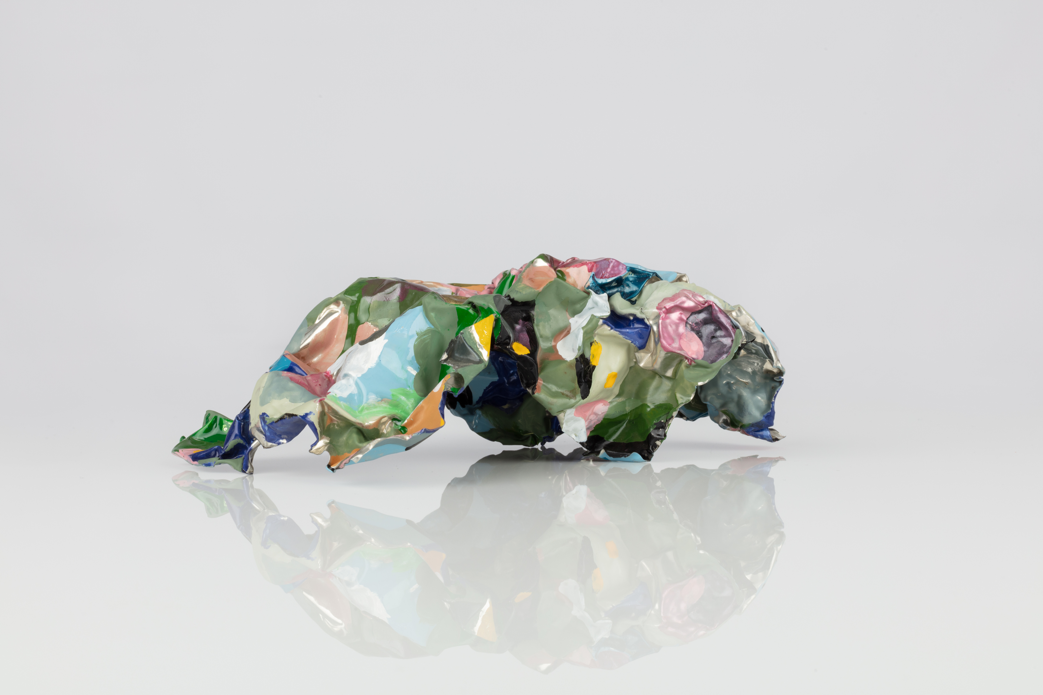 Hedwig Barry, "Crumple: Multicoloured Sampler", 2021, enamel paint on pewter, 15 x 18 x 12 cm