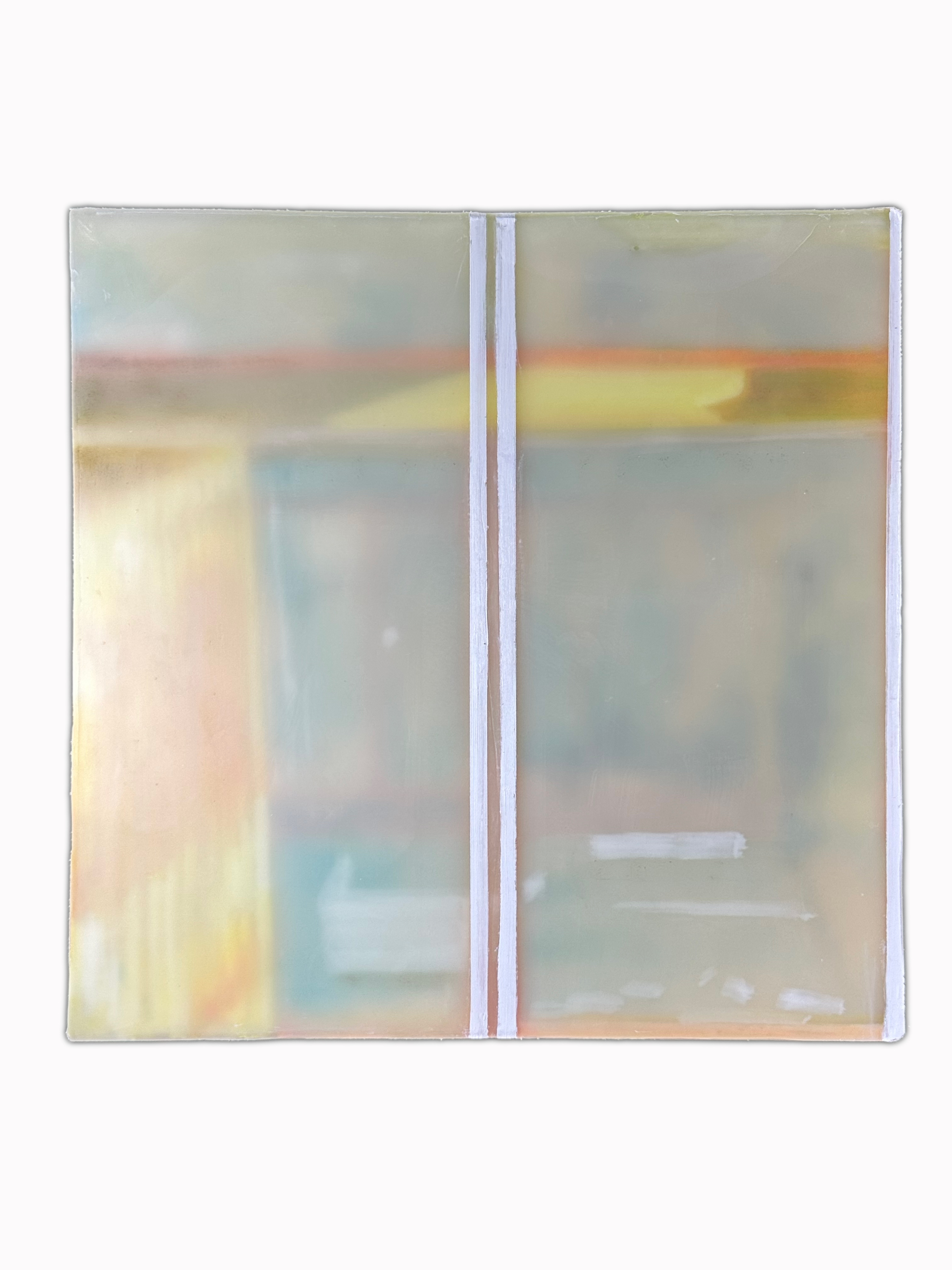 "Interior/Exterior XI (blue springs)" encaustic on board, 16 in x 16 in, 2026