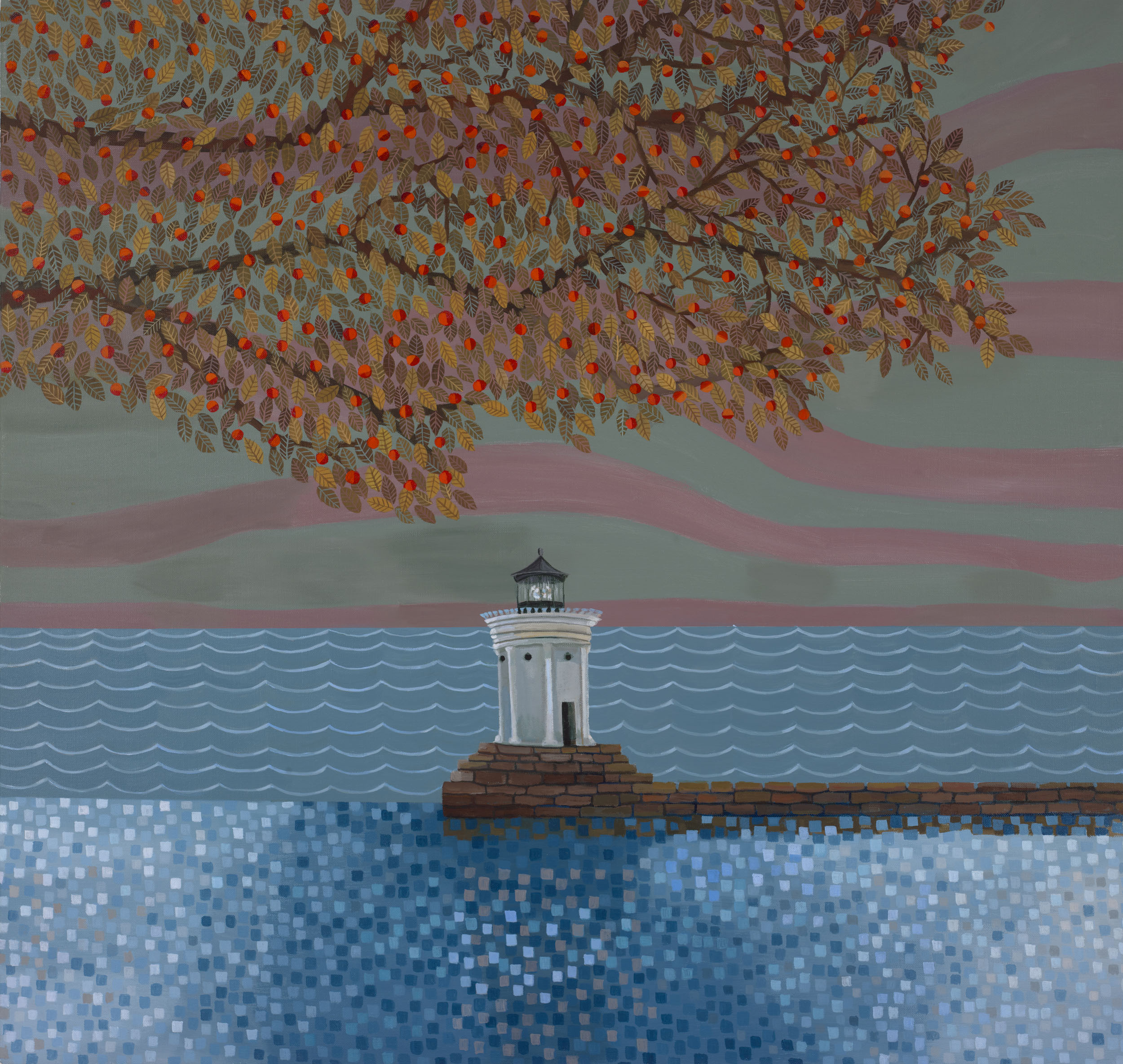 Bug Light with Apple Tree, 2023, Acrylic on Linen, 38 x 40 in. $9,500