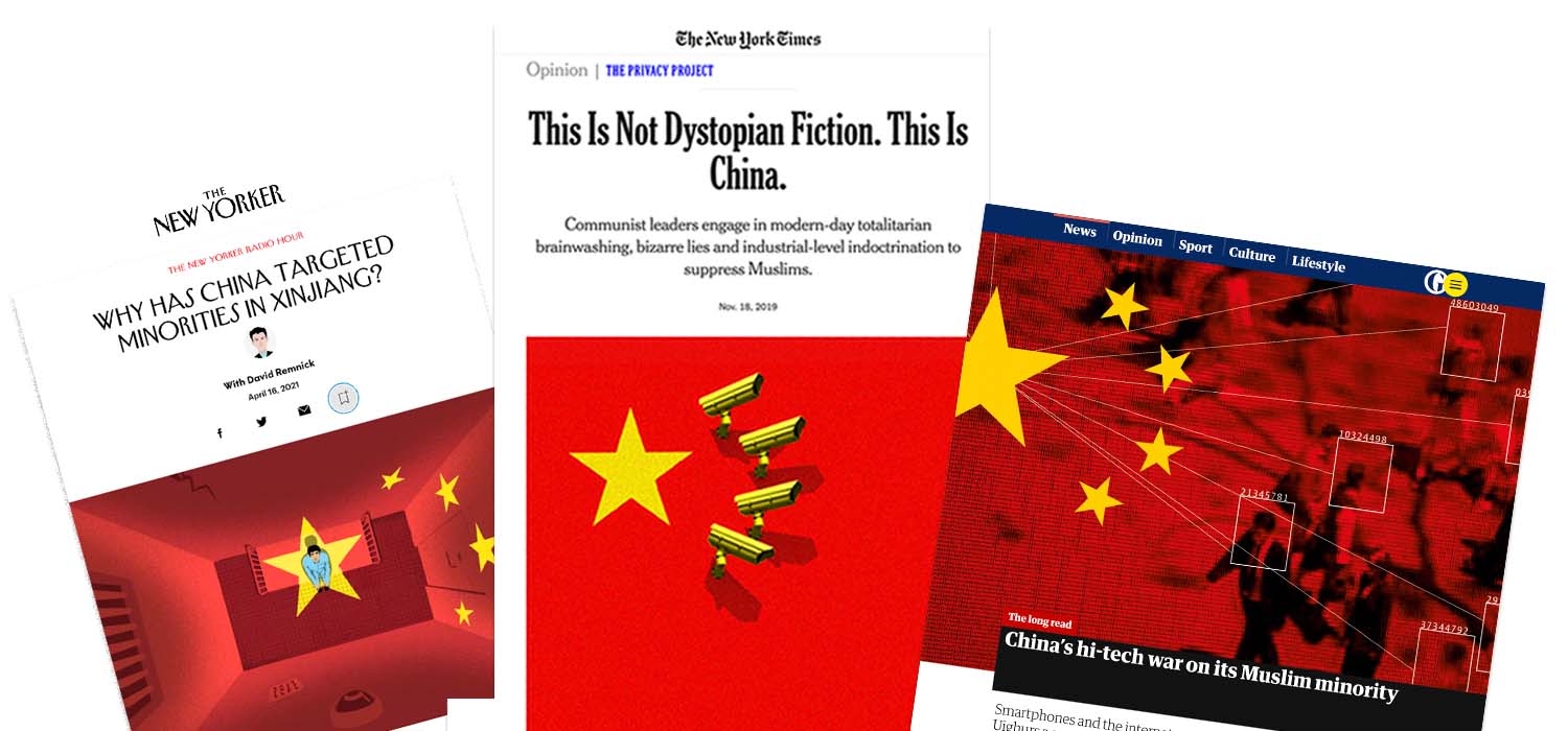 Common illustrated tropes published by major western news outlets: dragons and pandas, Xi Jinping, and surveillance aesthetics