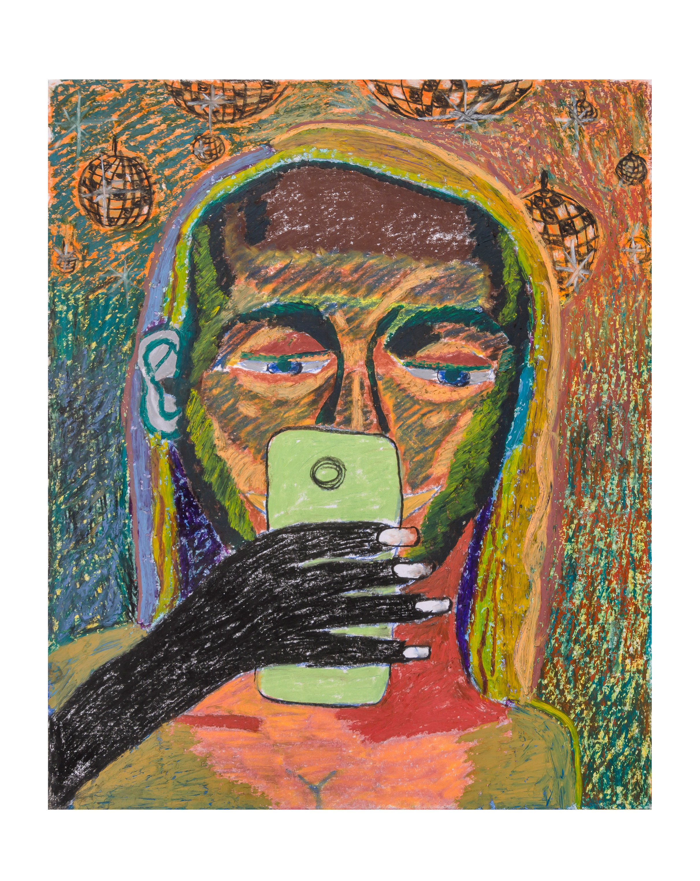 Kim Texting in the Club // Oil pastel on paper // 11 x 17 inches // $950.00