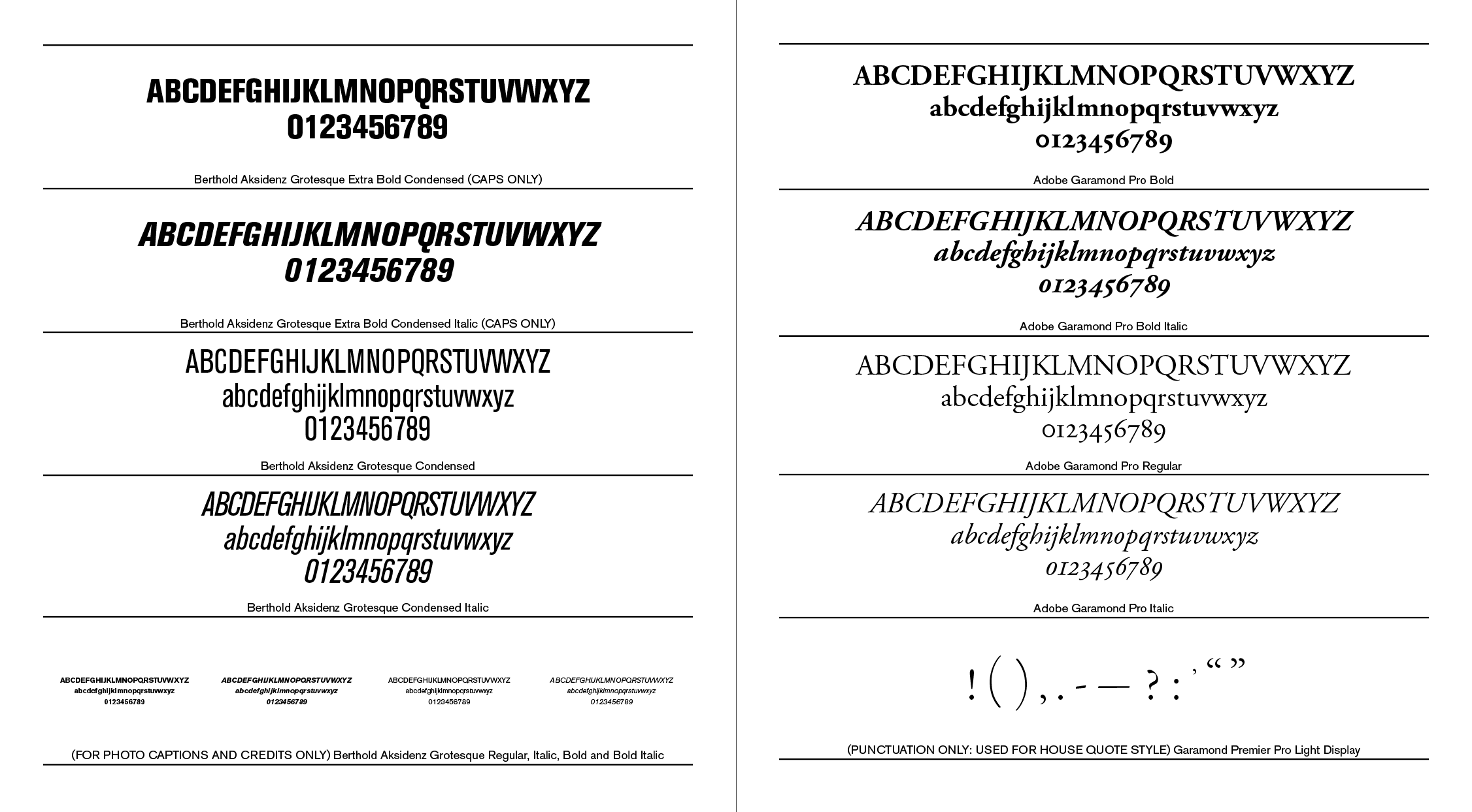 Full range of dual typographic styles featuring Aksidenz Grotesk opposite Garamond