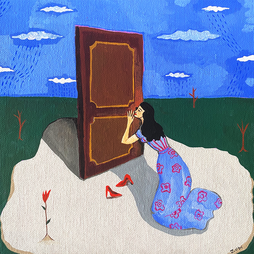 Through the Keyhole, 8 x 8 inches, Gouache, 2019.