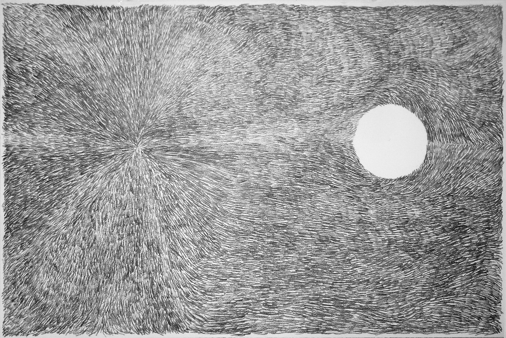 1. Standing in a fixed position, one foot away from an approx A0 sized paper, facing the white disk, sweeping with small strokes towards one point.