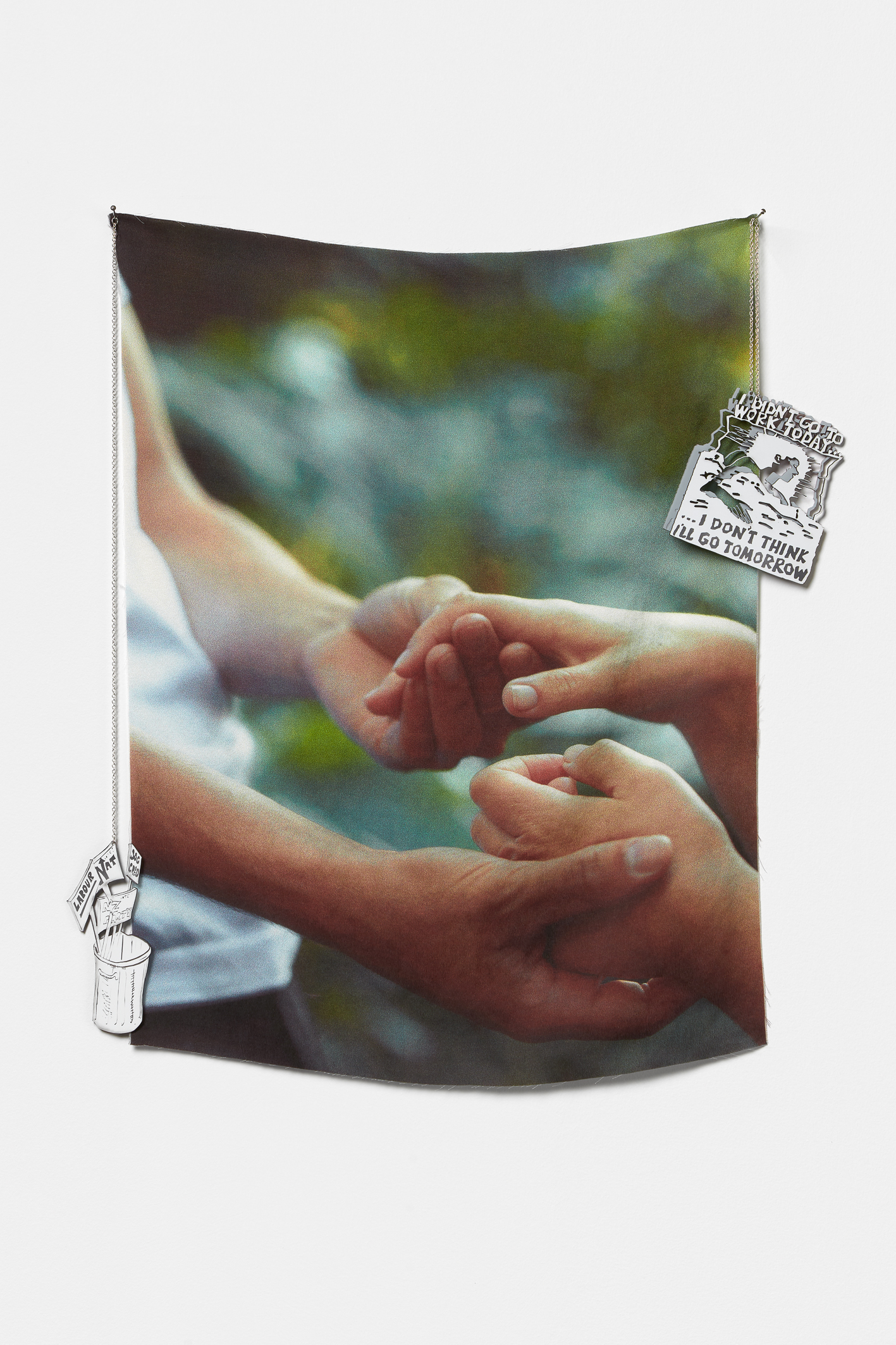 Tim Wagg, Stumbling alongside one another (1 of 3), 2018, Digital print on charmeuse silk, silver chain, acrylic, spray paint