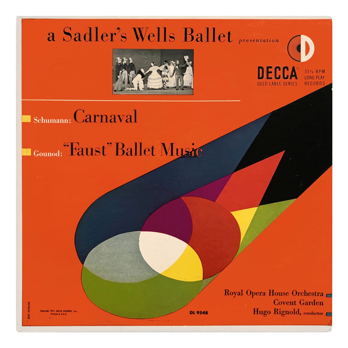Decca Gold DL 9548 Robert Schumann (arr. Gordon Jacob) - Carnaval, Op.9 | Charles Gounod - Faust, ballet suite Royal Opera House Orchestra, Covent Garden - Hugo Rignold Design: Erik Nitsche (credited)