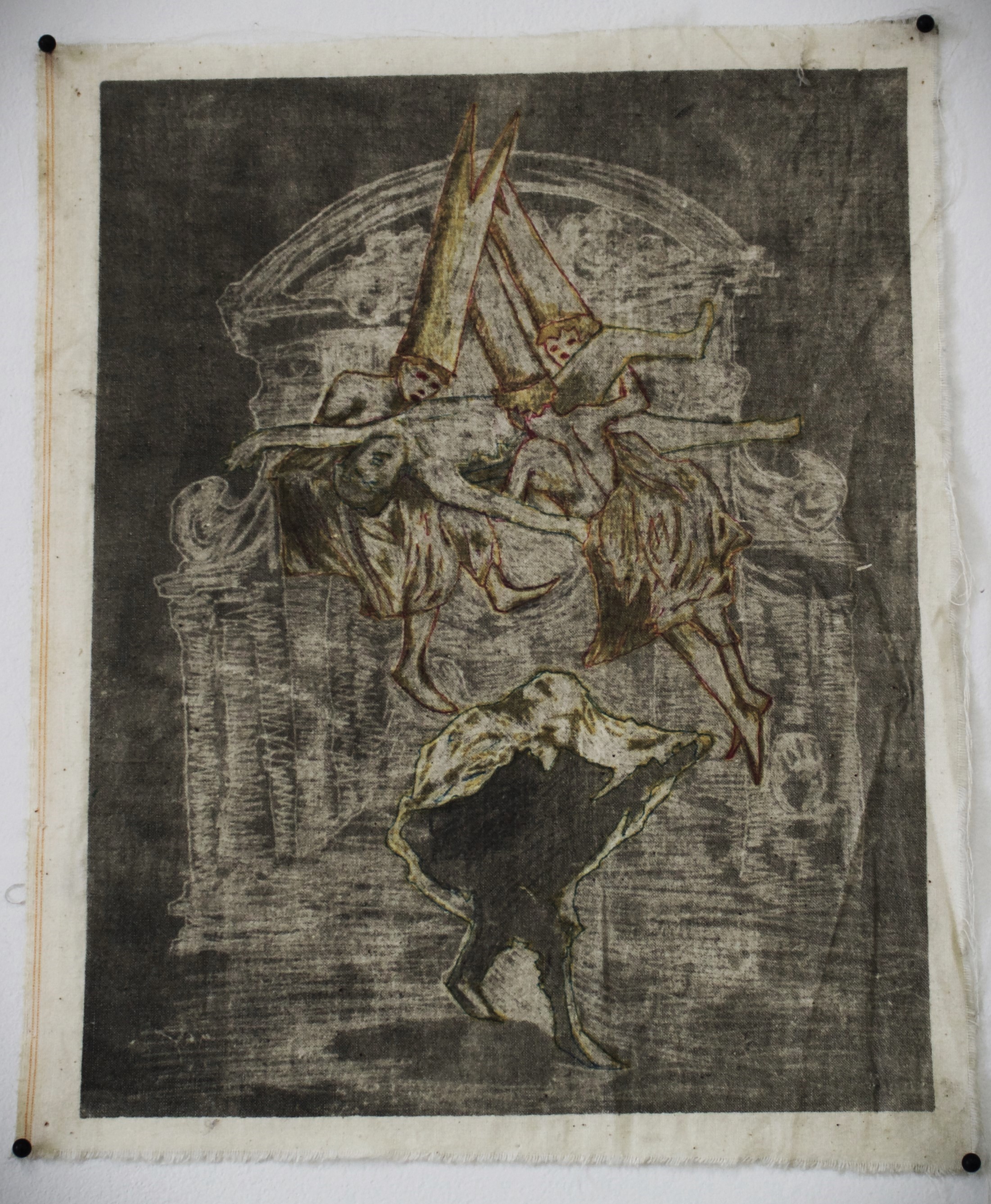 hand colored monotype on muslin after Goya