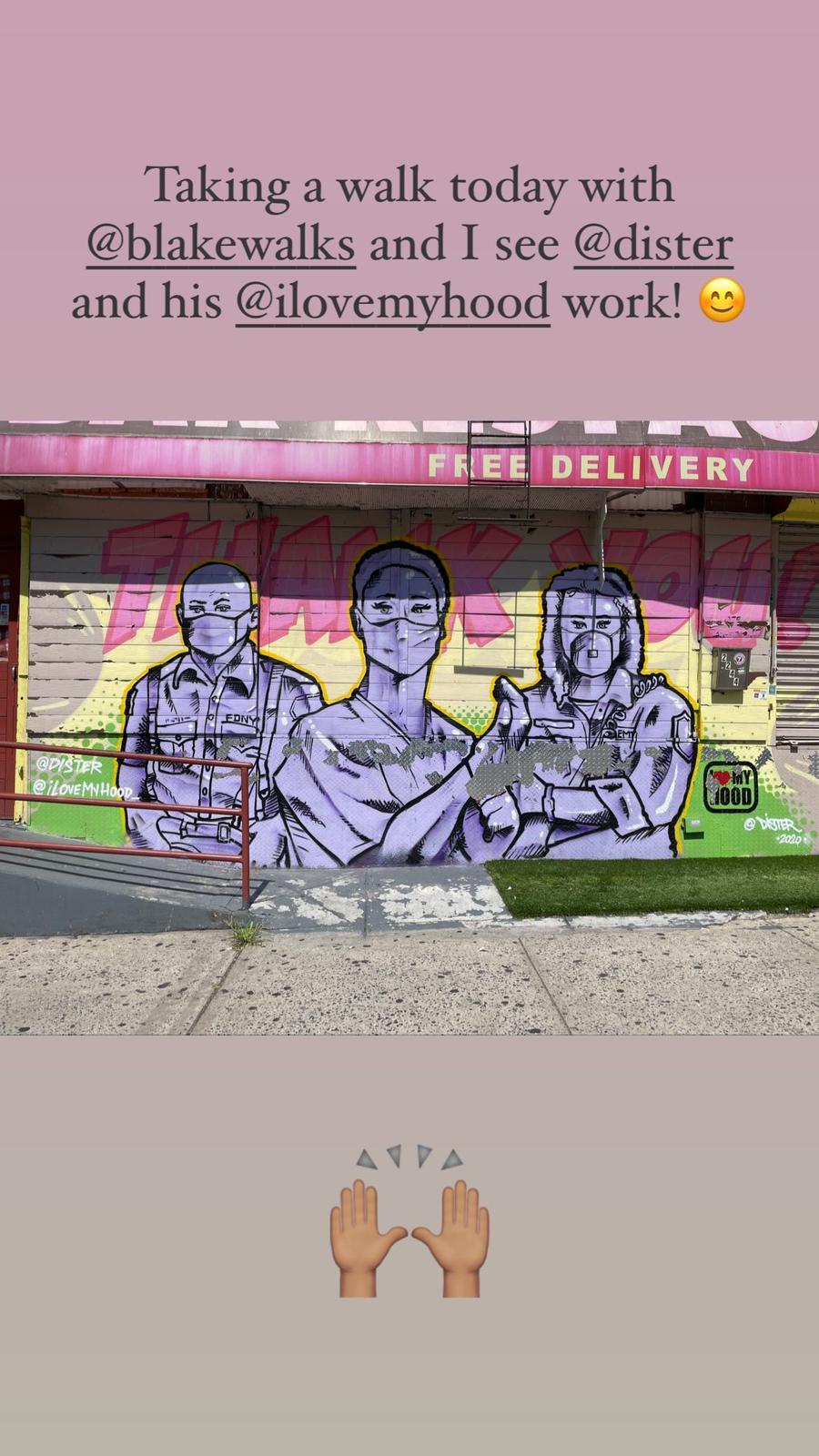 A mural in purple tones of three essential healthcare workers on a wall. A caption reads "Taking a walk today with @blakewalks and I see @dister and his @ilovemyhood work!"