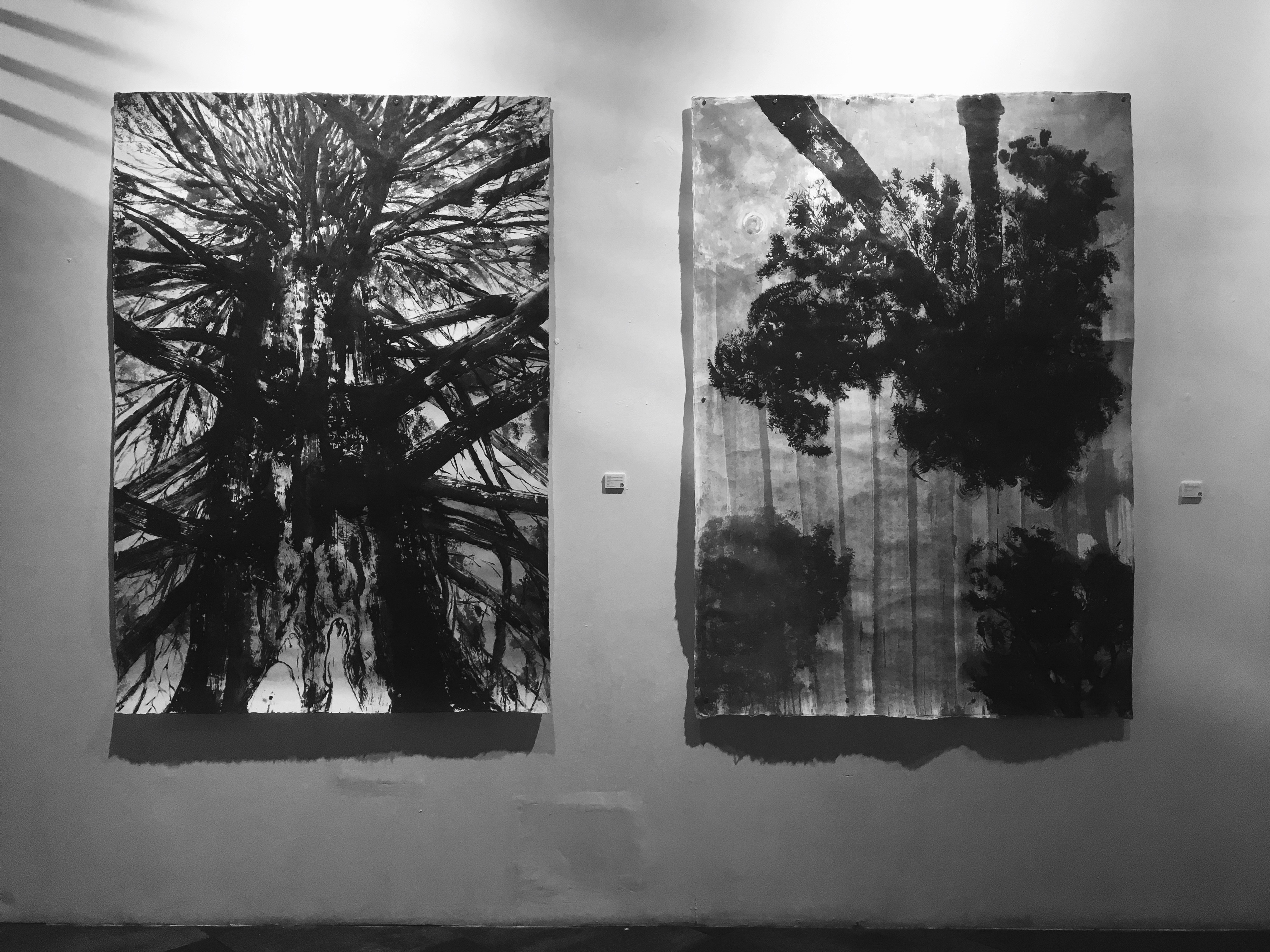 Lying Feet Up Against Him (left) and Promenade during an eclipse (right), August 2017, Lac Daumesnil, Woods of Vincennes, Paris 215 x 150cm, chinese ink on handmade mulberry paper, 2020