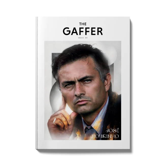 Magazine cover illustration of José Mourinho in striking graphic design with bold contrasts, artwork by John Tregoning