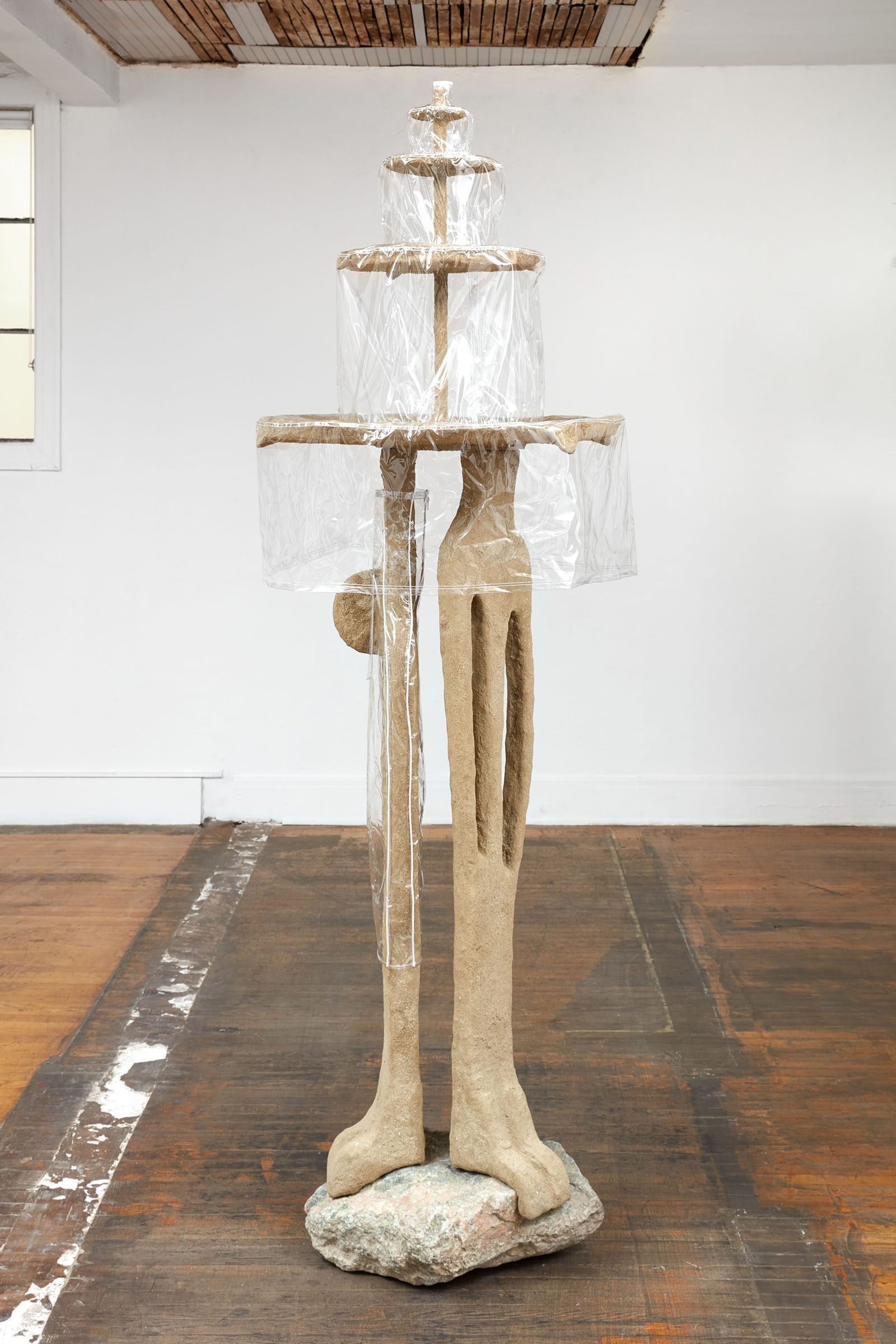 Untitled (fountain), 2021, Steel, sand, burlap, polymer, rock, vinyl