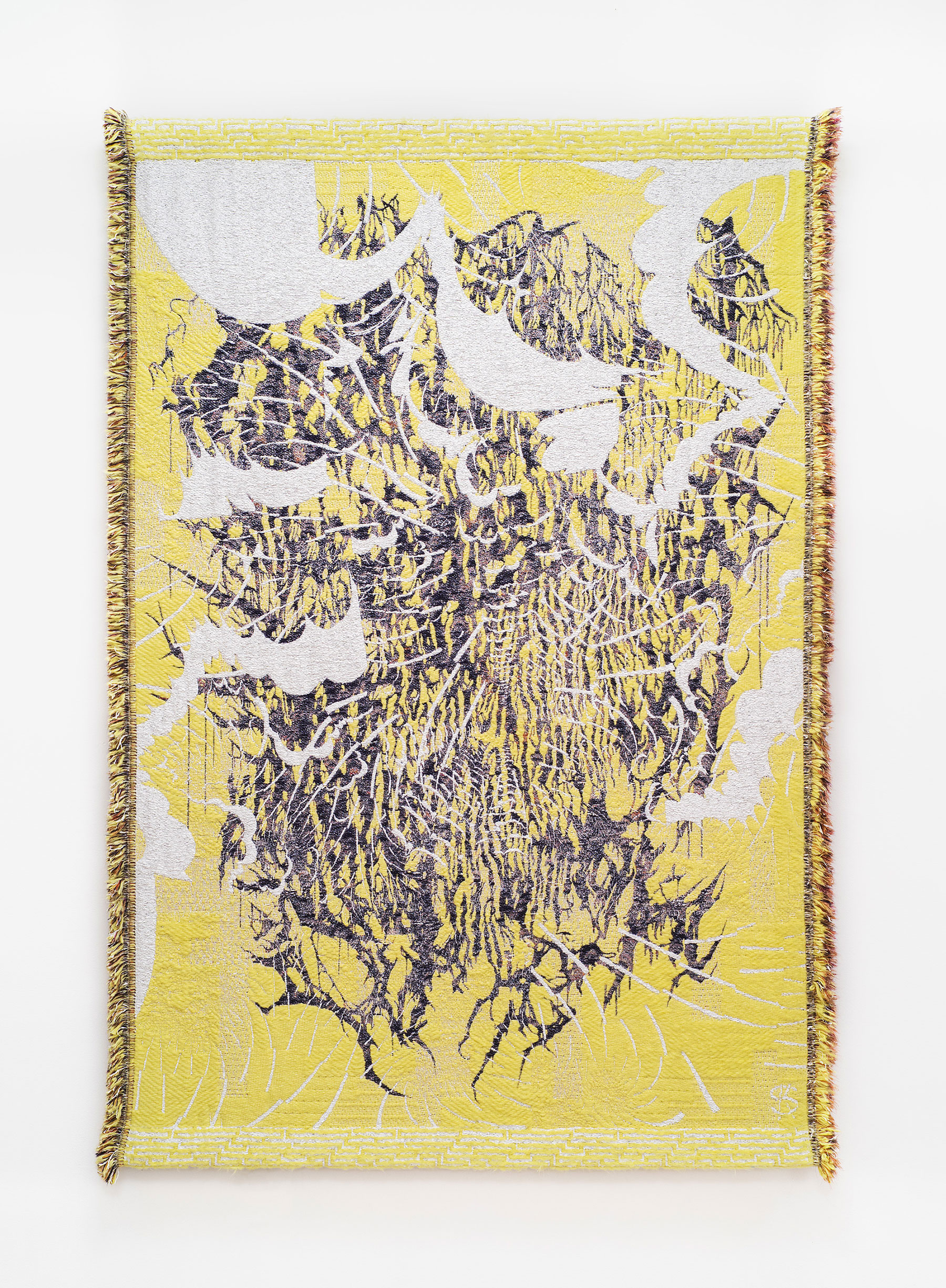 ︎'Attack' 2019 Jacquard Weave 166 x 238 cm (66" x 94"). Silk, Mohair, Linen, Polyester, Rubber, Wool. Edition of 6. Price on request.