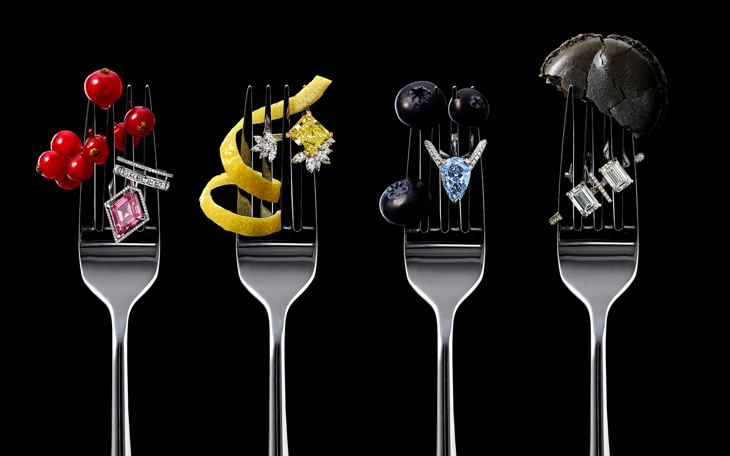 KMA photographer Isabelle Bonjean photographs colorful rings and food on forks against black background for Messika