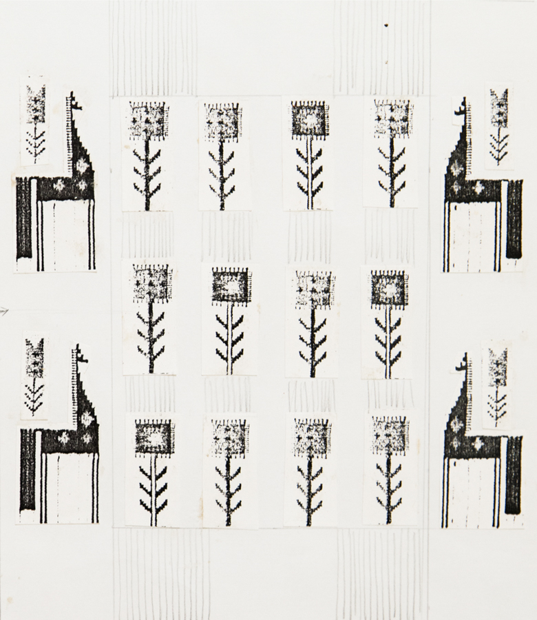 Design for handmade carpet. Collage. Xerox copy on cardboard. 1980's