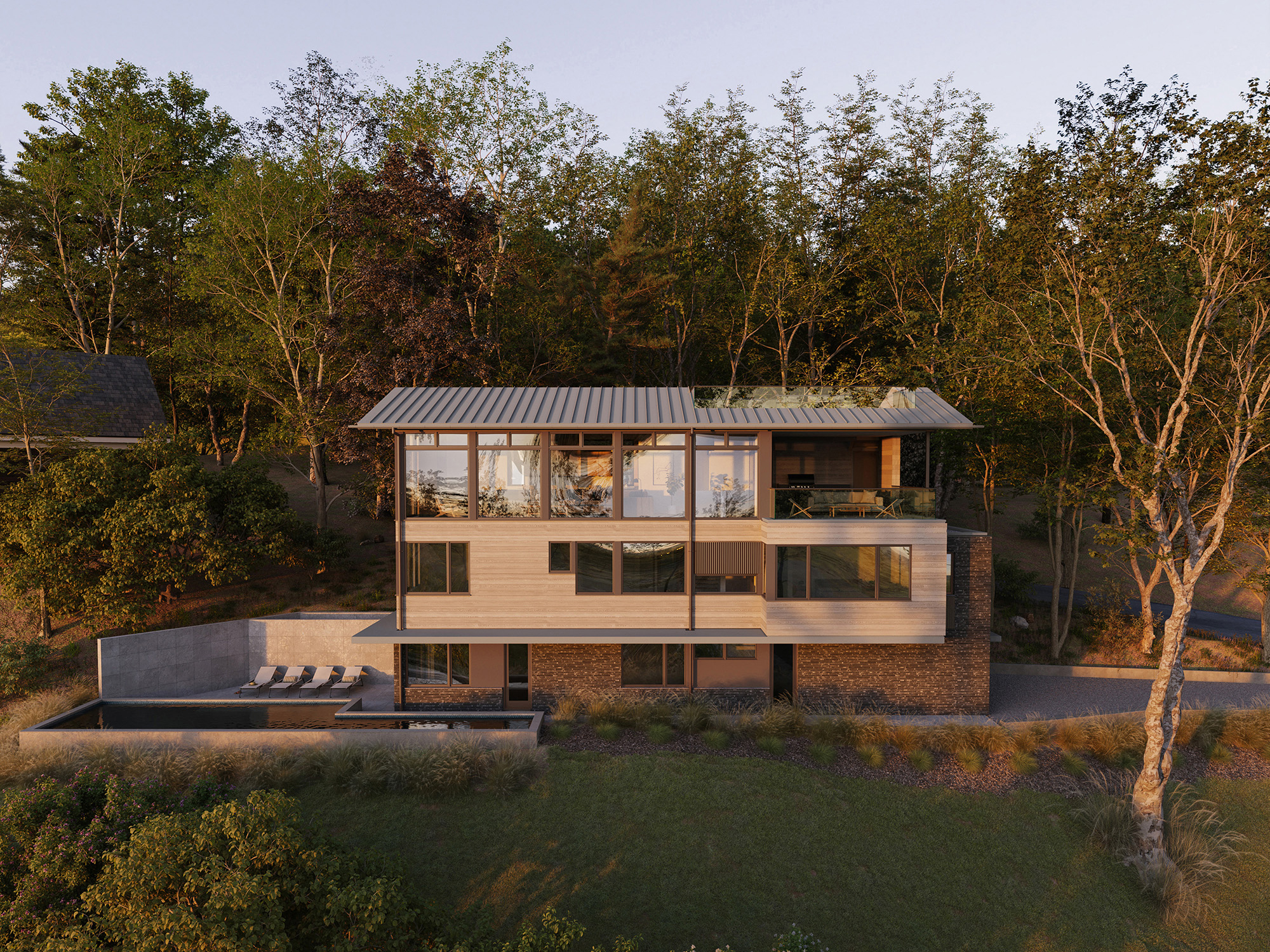 Architectural render of the Two Hill residence exterior, showing the three-story home with light wood siding and a stone base, an expansive top-floor glass facade, and a narrow infinity-edge pool on the ground level.