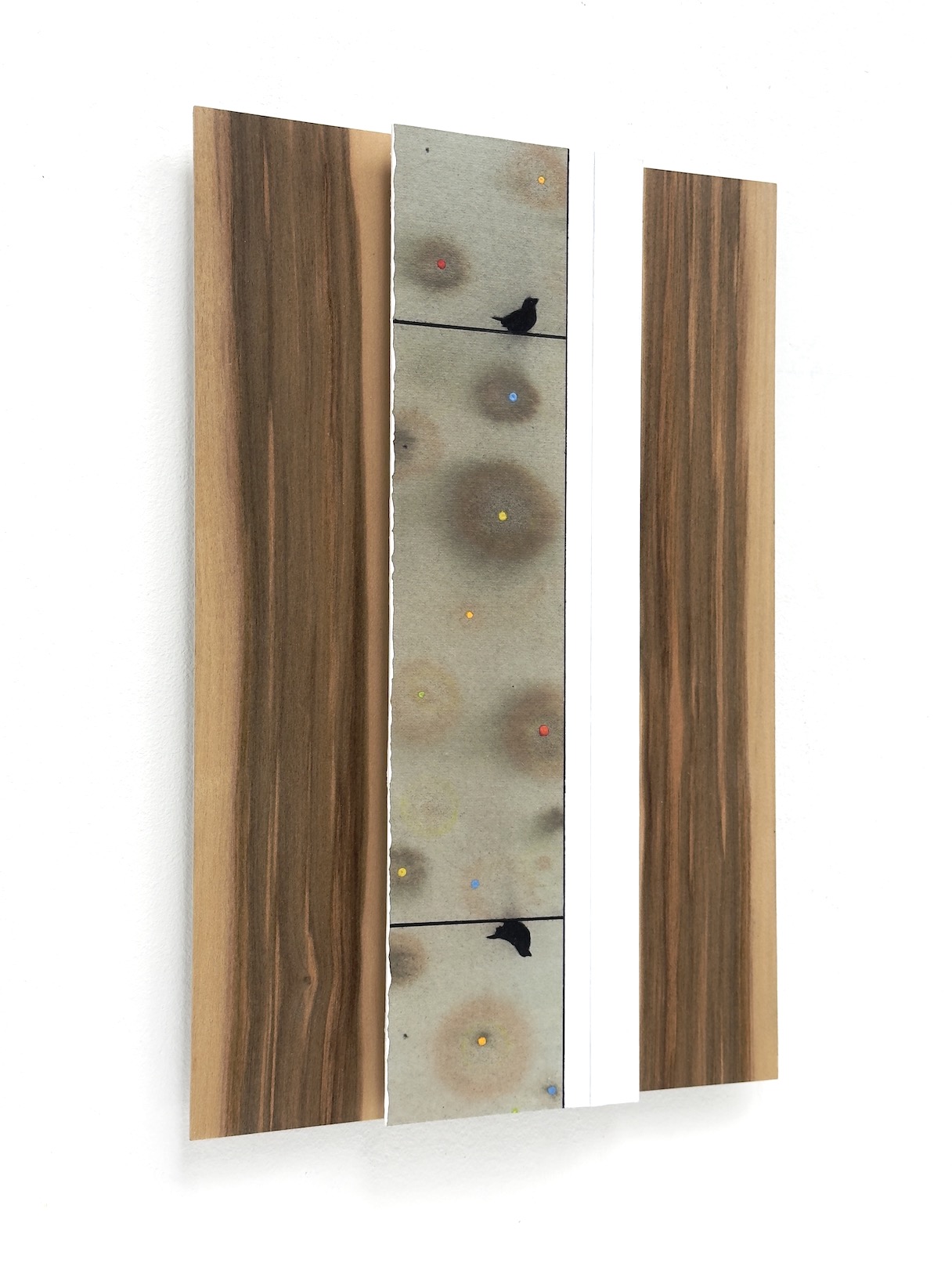 ‘When time matters’, 2024, conté pencil, graphite pencil, colour pencil, ballpoint and acrylic on paper/aluminium and Red Gum wood veneer/aluminium, 30 x 20 cm.