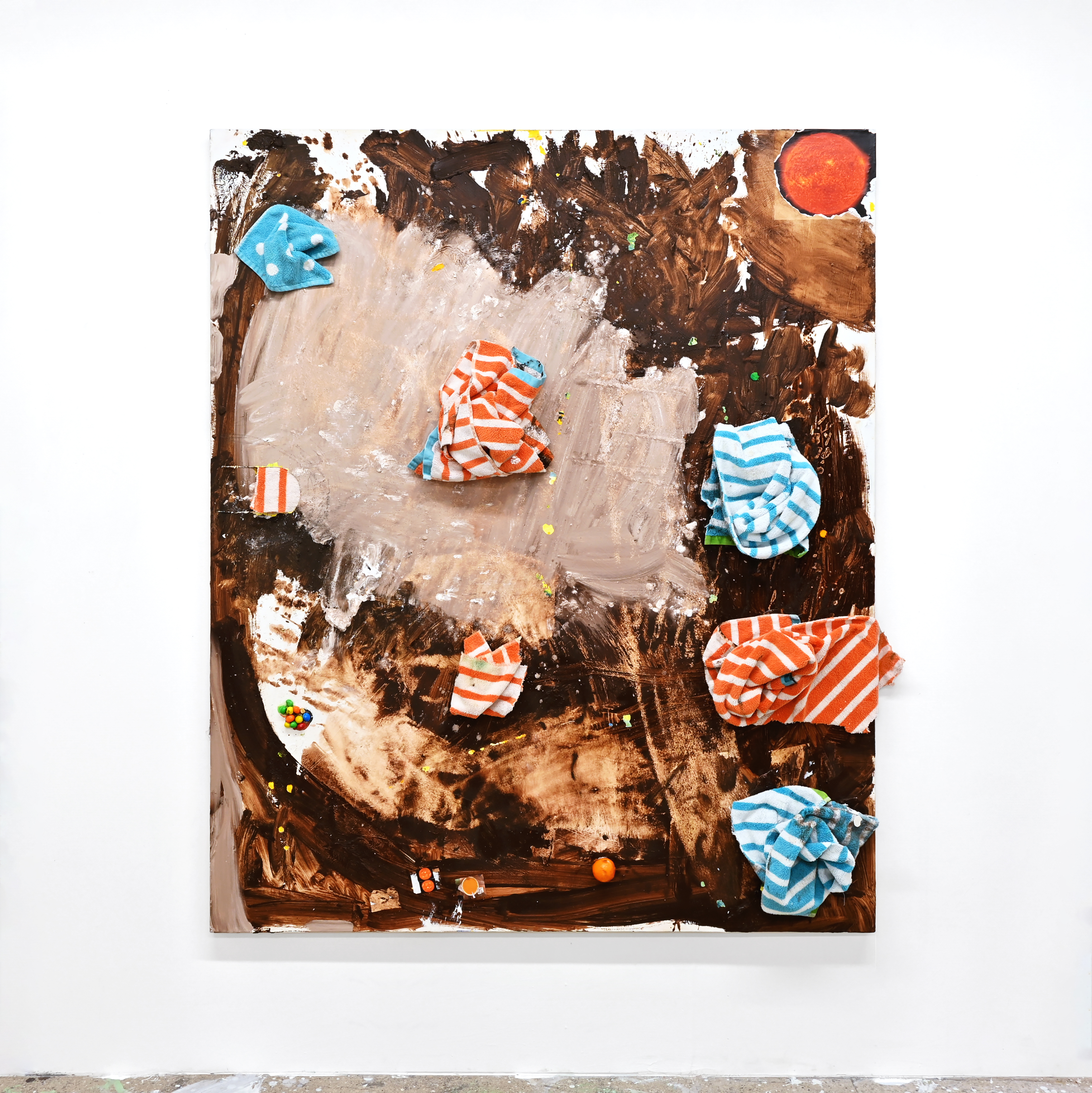   Various Mounds   60"x72"  oil, pastel, towels, clementine, M&Ms, printed collage on canvas