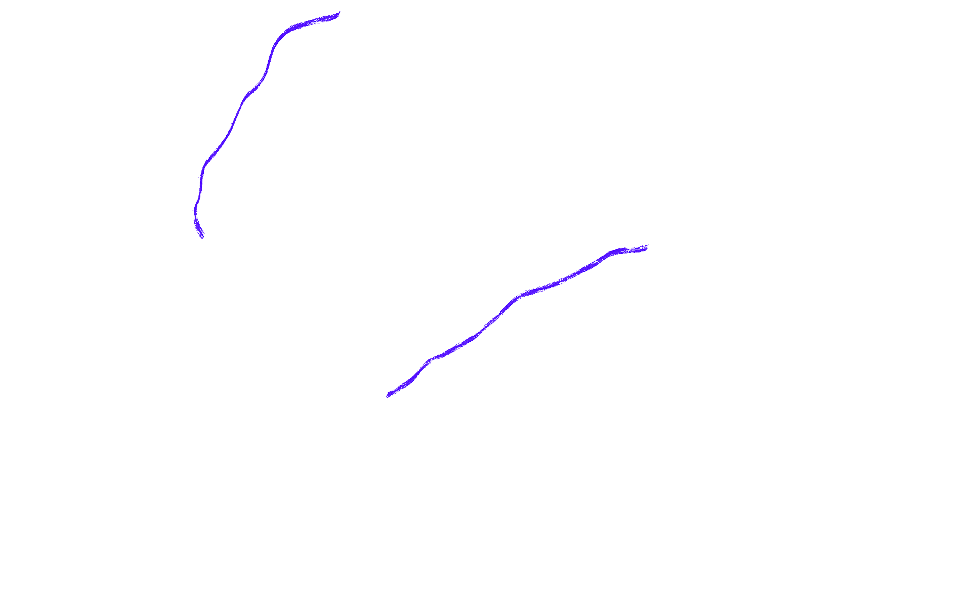 Two twisting starfish dance and graze one anothers limbs. A purple neon outline edges two of the legs.