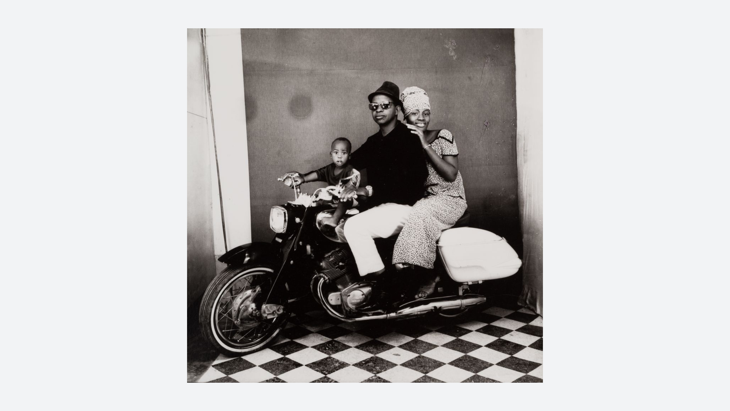 Fig. 10. 1960’s portrait by Malian photographer Malick Sidibe, known for his photographs of popular culture in 1960’s Mali. Image: Sidibe, Malick.The whole family on a motorcycle. 1962, Gelatin Silver Print. 50 x 60cm. Courtesy of Fifty one Fine Art Photography.