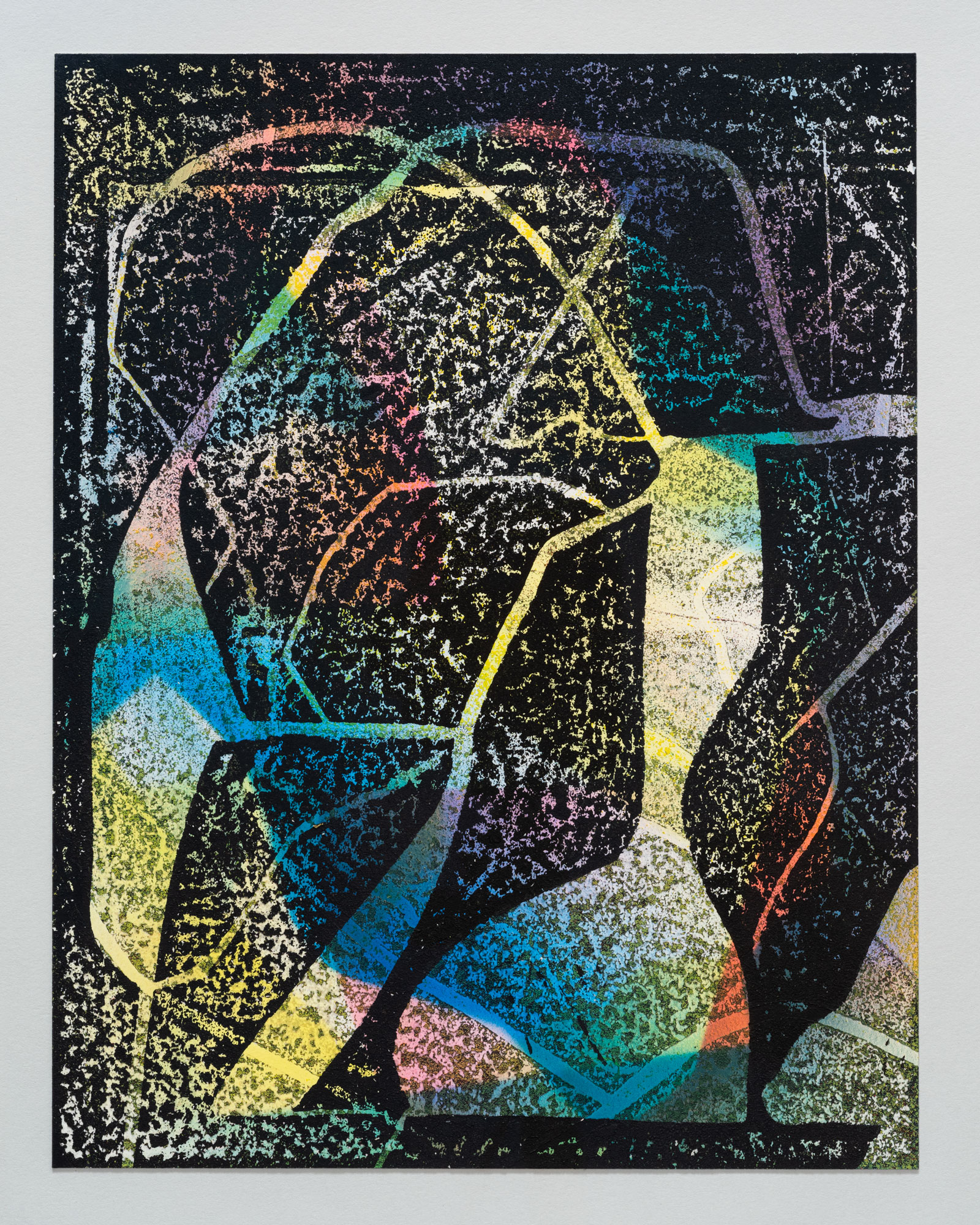 Untitled, 2024, hand-printed woodcut with air-brushed acrylic on paper, 11 × 8.5".