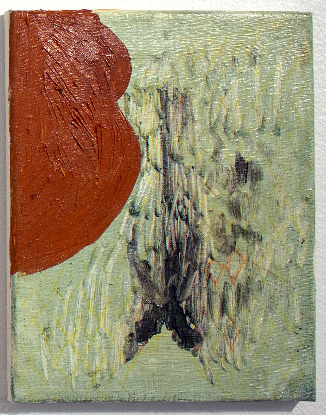 Orange bulge, 2021, pencil, acrylic and oil paint on canvas, 11 x 8 in. 