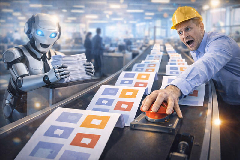 Cheesy corporate stock photo of an &ldquo;assembly line&rdquo; in an office: a conveyor belt produces stacks of identical blank web pages (only abstract shapes, no readable text). A stressed marketer in a hard hat tries to stop the machine with a big red emergency button while a happy robot keeps feeding papers into it. Ridiculous optimism from the robot, dramatic lens flare, overlit, slightly uncanny AI vibe, wide banner, no logos, no text.