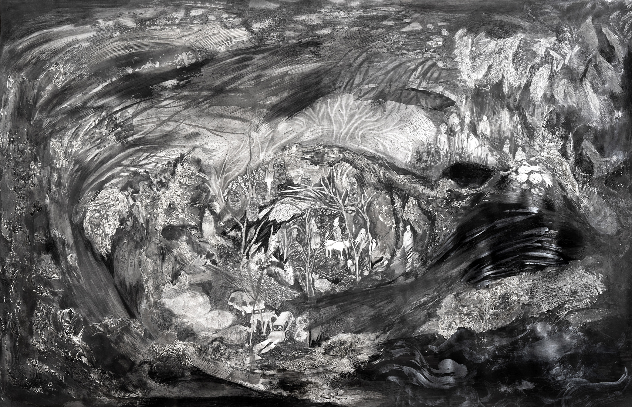 우리는 검은 산 구석에 모여, 2019, 종이에 혼합재료, 98x150cm