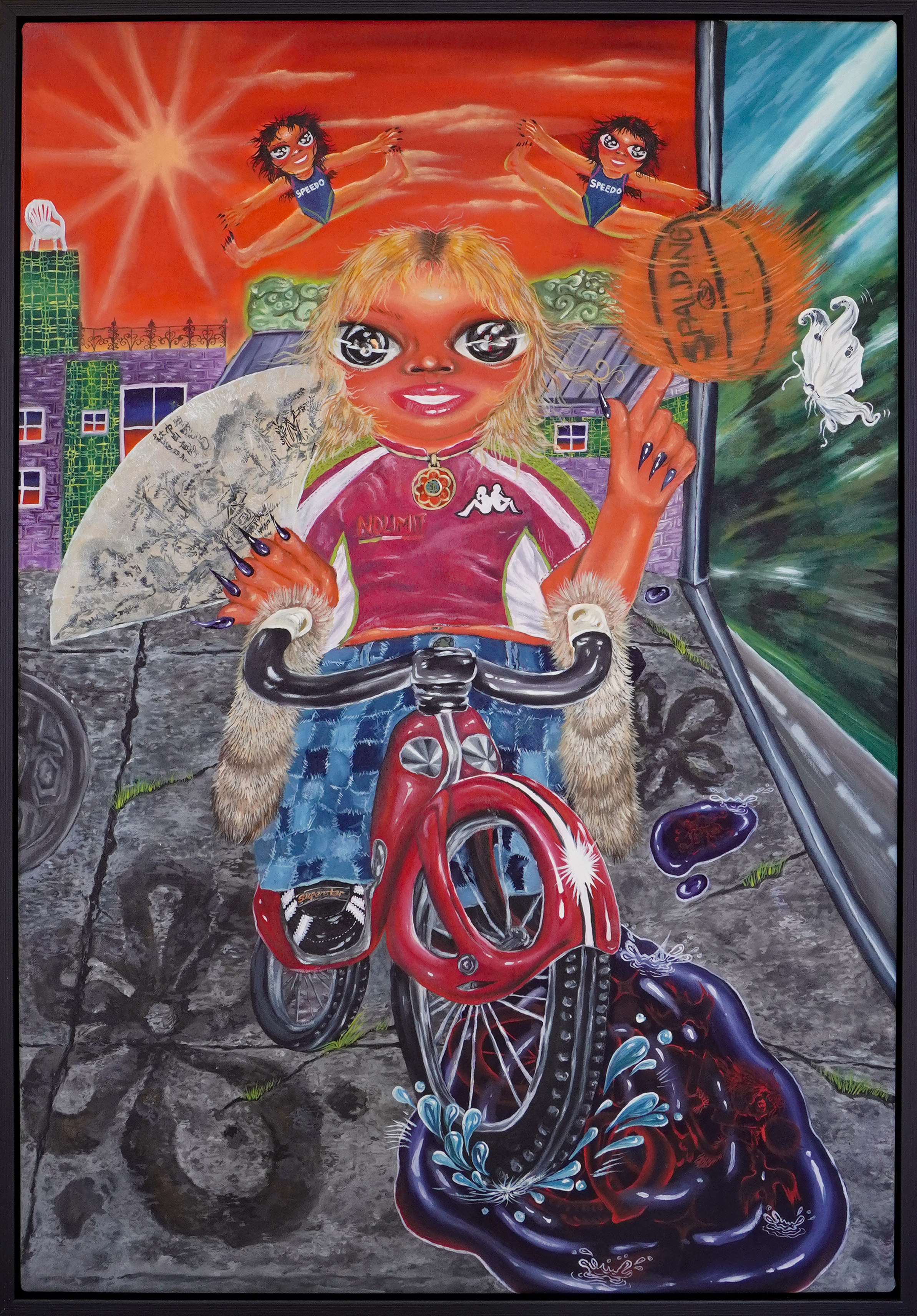 riding the Spacelander up Wyckoff (2023), oil on canvas. 113.5 x 78.5 (framed). Photography Stanley Street Gallery