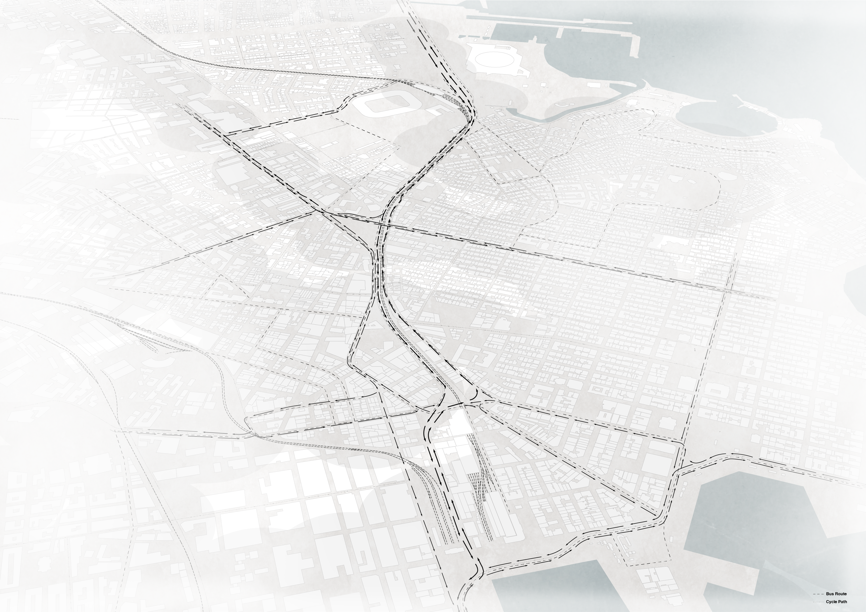 The Corridor is a place of flows: Serving as an artery between Athens and the Port of Piraeus people are passing in trains and cars and goods are being transported on a mainly regional scale. The regional importance is undeniable but we want to introduce the local scale, both pedestrian flows and the flows of water, air as well as flora and fauna.