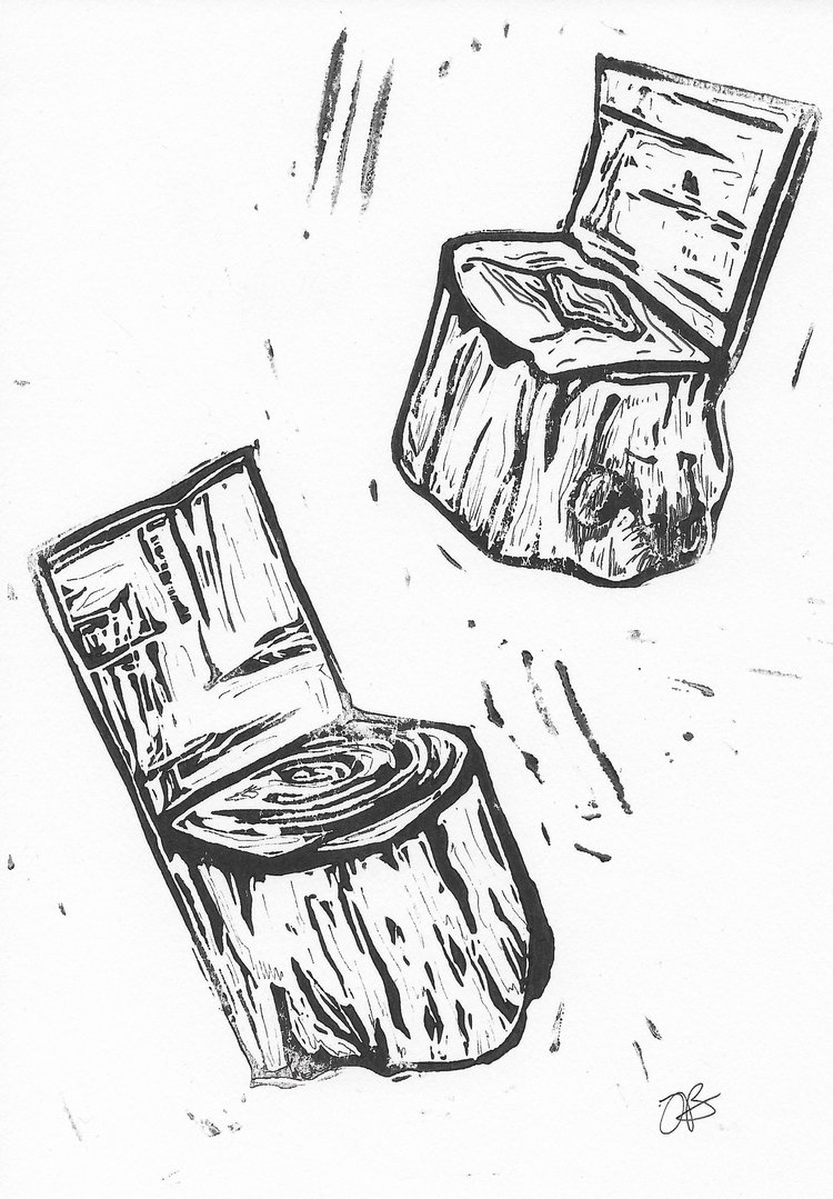 Stumped, 2020, linoleum block ink print, 8.25"x6"