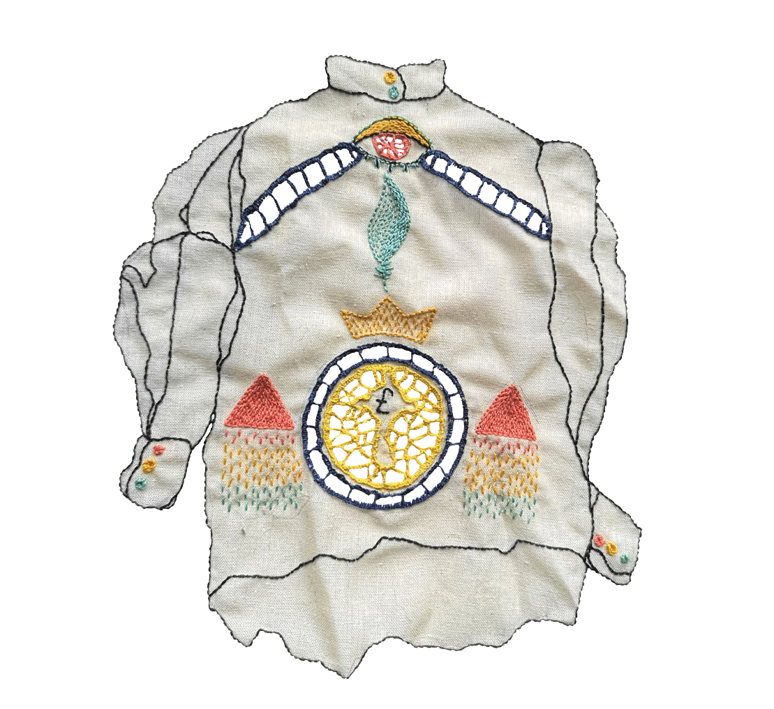 One shirt is an embroidery featured on one of the patches. It has cutwork lace along the top and middle of the design. The embroidery was inspired by my research into the history of lace and the women who practised it.