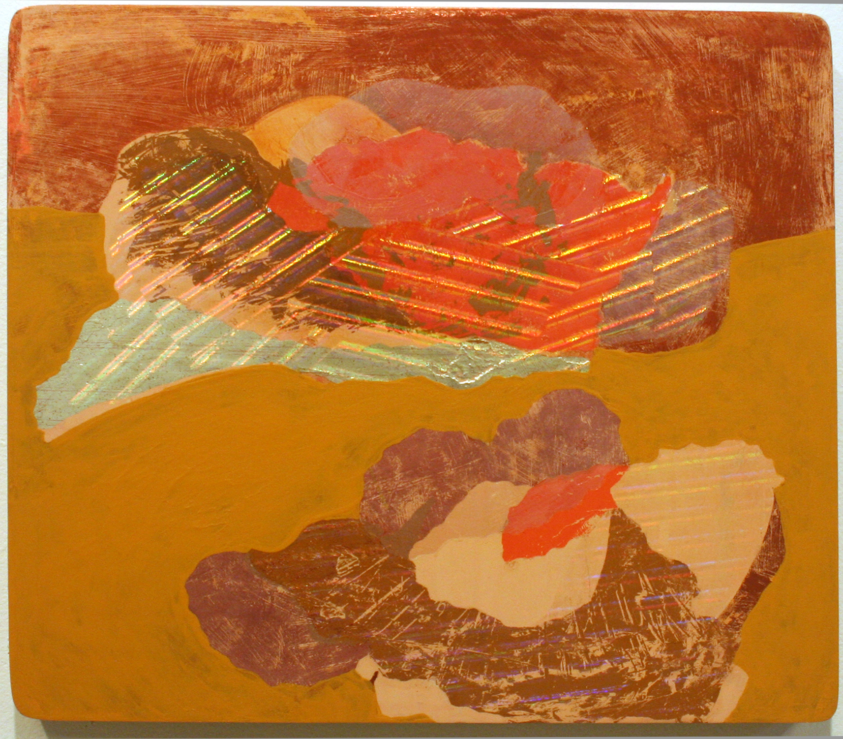 After Emma's Mushrooms, 16 x 18 x 2 inches, acrylic, hot-pressed foil and oil on wood panel