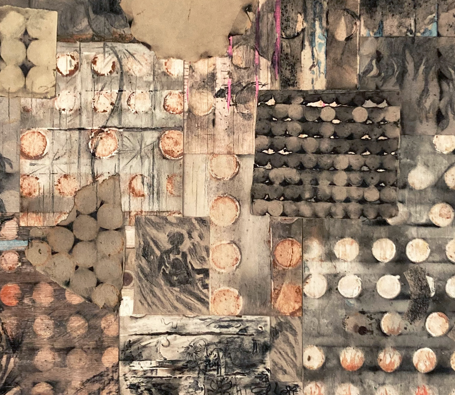 Up From The Skies, 2023, Found firework refuse, charcoal, chalk pastel, and graphite on panel, 32" x 22" (detail)