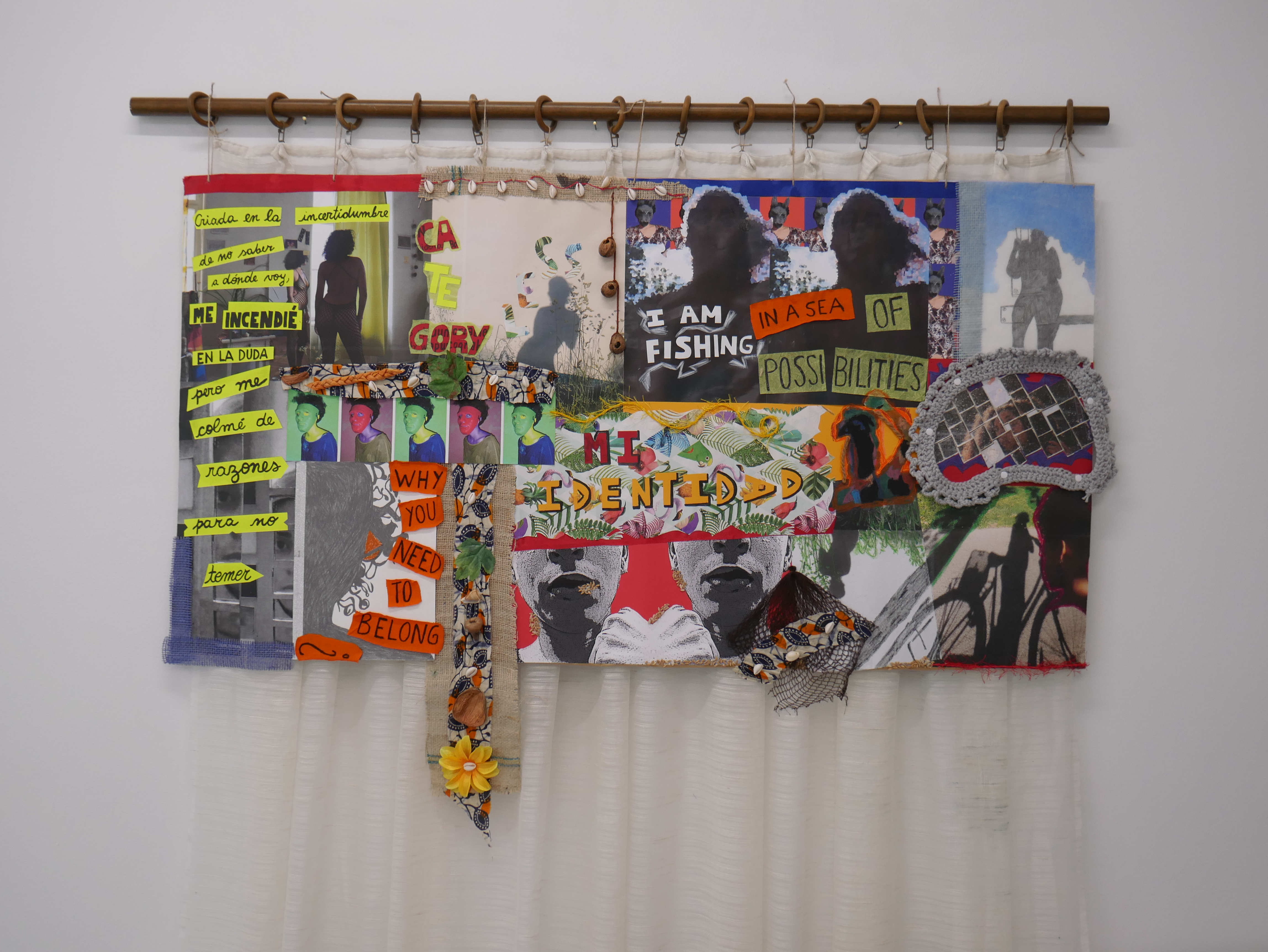 Mixed-media Collage on Yoga Mate. Paper, textile, organic matter, plastic figures, pencil, photographs. 138,5x72 cm. Exhibit Gallery, 2022