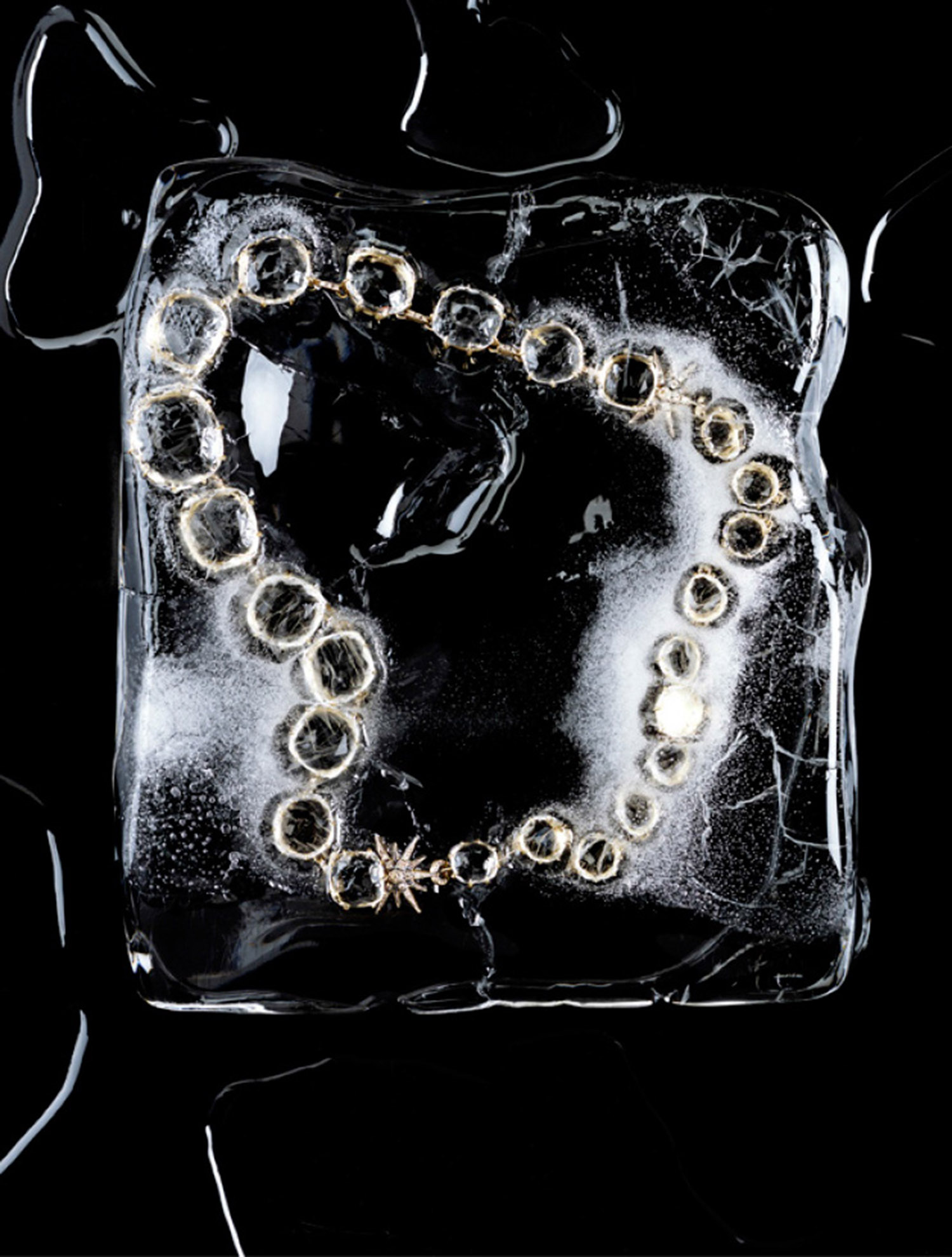 KMA stylist Sara Wacksman designs set for a photo of a black diamond necklace in ice surrounded by black water for T Magazine