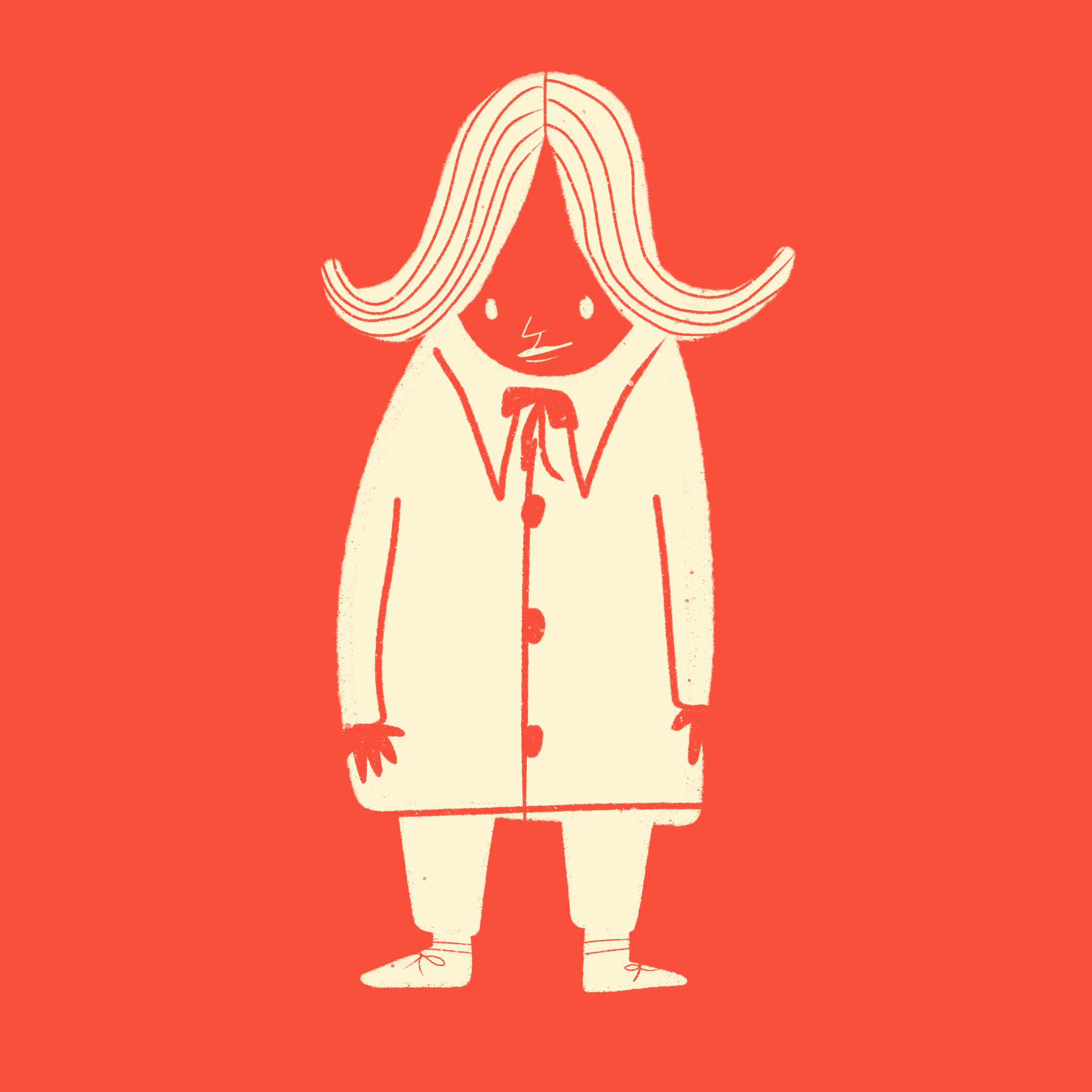 Creepy boy illustration in white with a red background