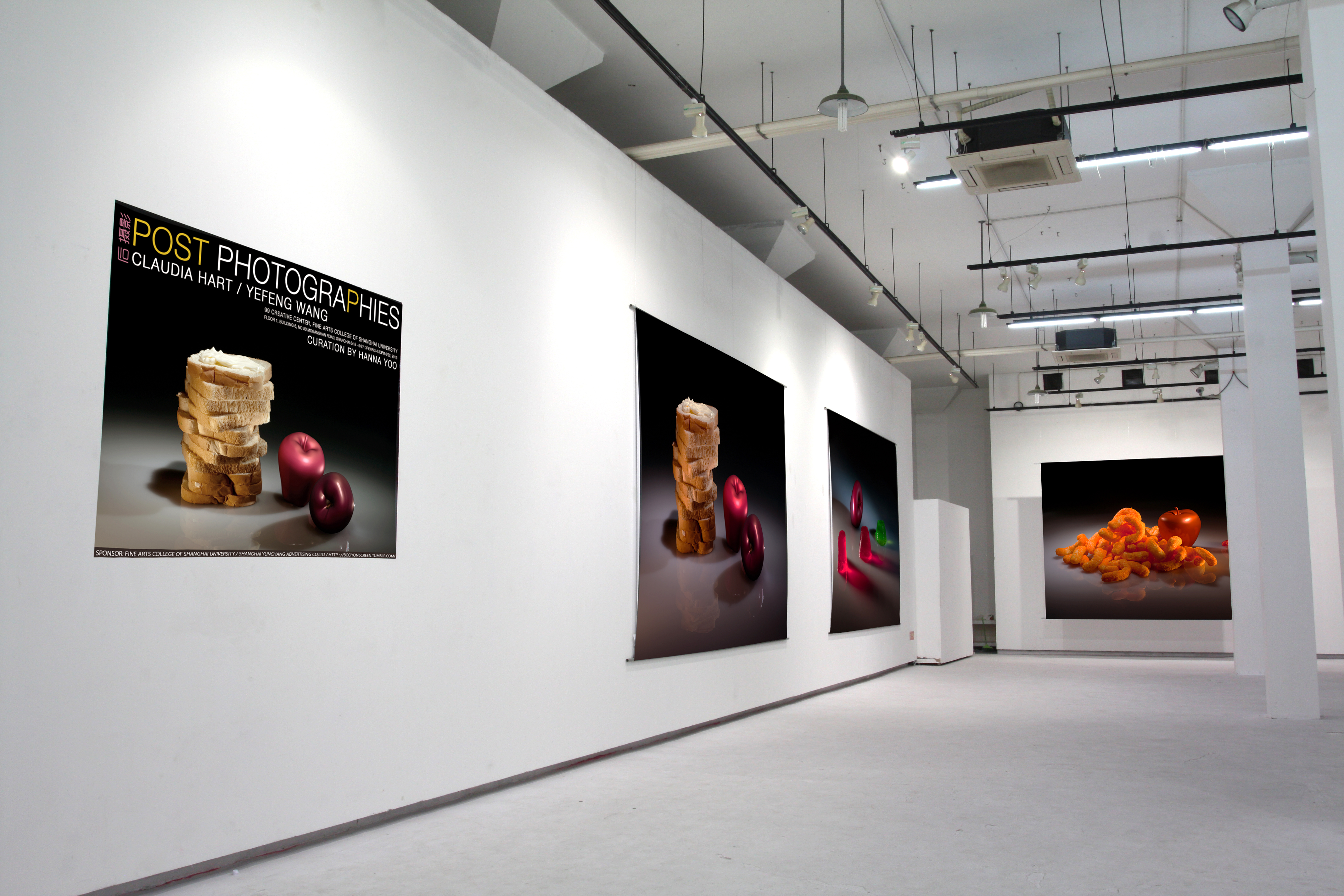 Post photographies from the series The Real and the Fake, 2011: Food for Children, RGB, and Still Life with Funyun, versions 2013, all 3 meters x 4 meters, prints on paper, hung weighted and unframed.