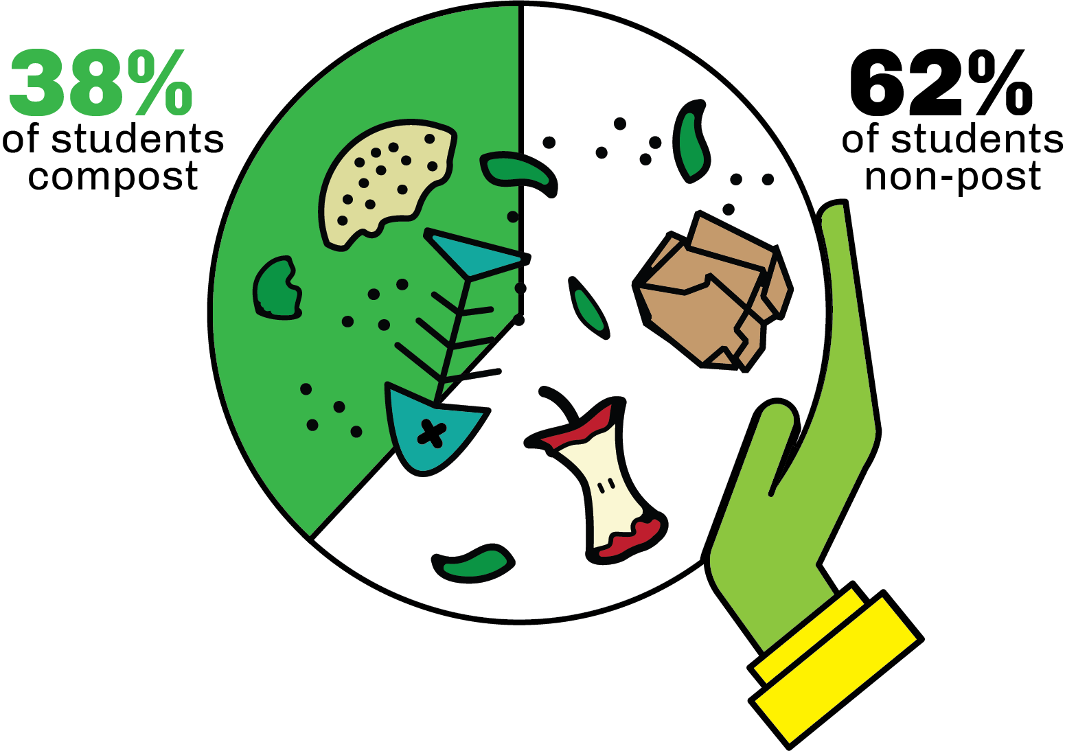 a pie chart showing that only 38 percent students compost, while 62 percent of students do not.