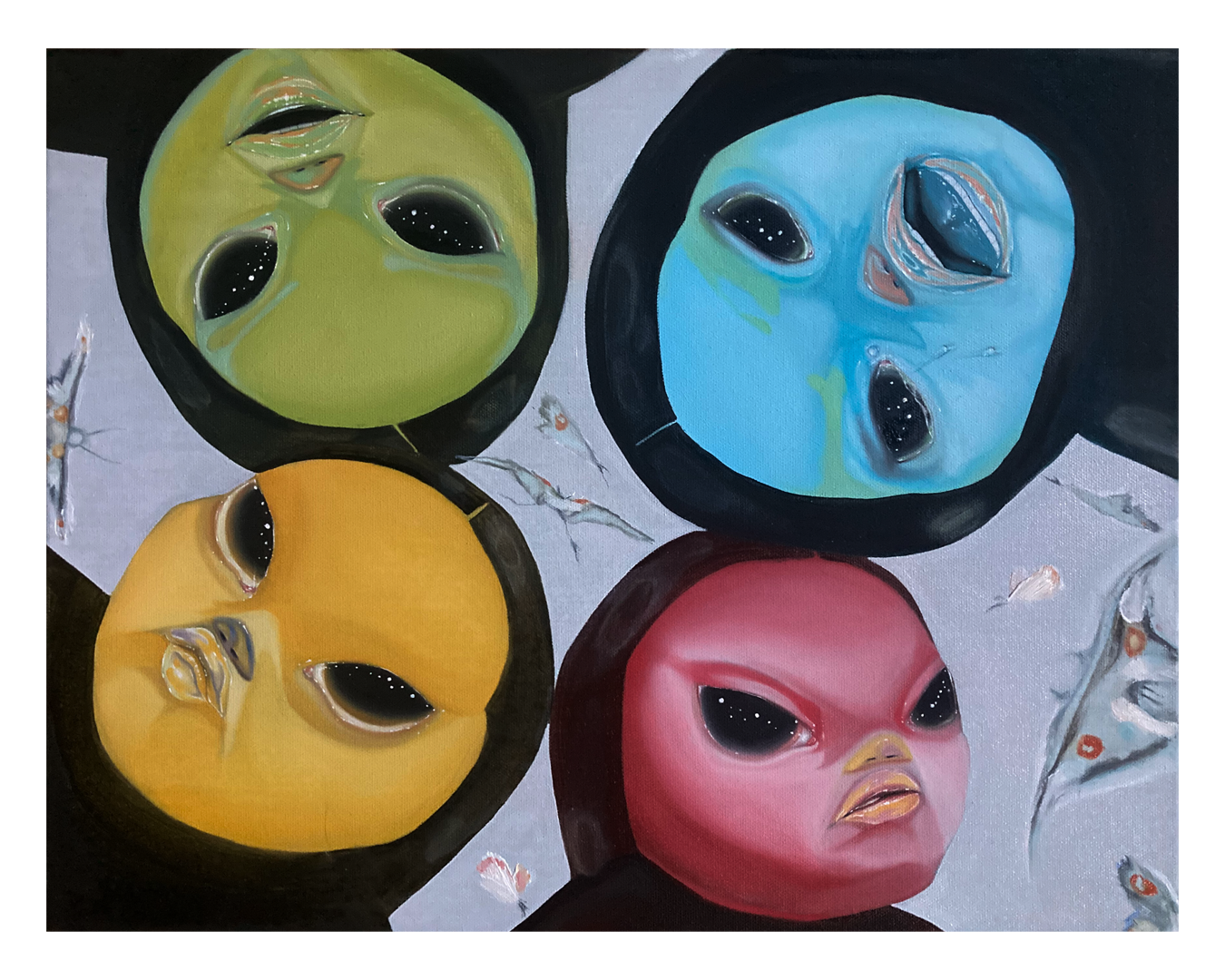 "The Four Stages of a KO" (2022) oil on canvas, 20x16" [1. angry at your brother; 2. sad that you lost; 3. tell yourself you don't care; 4. excited to play again]