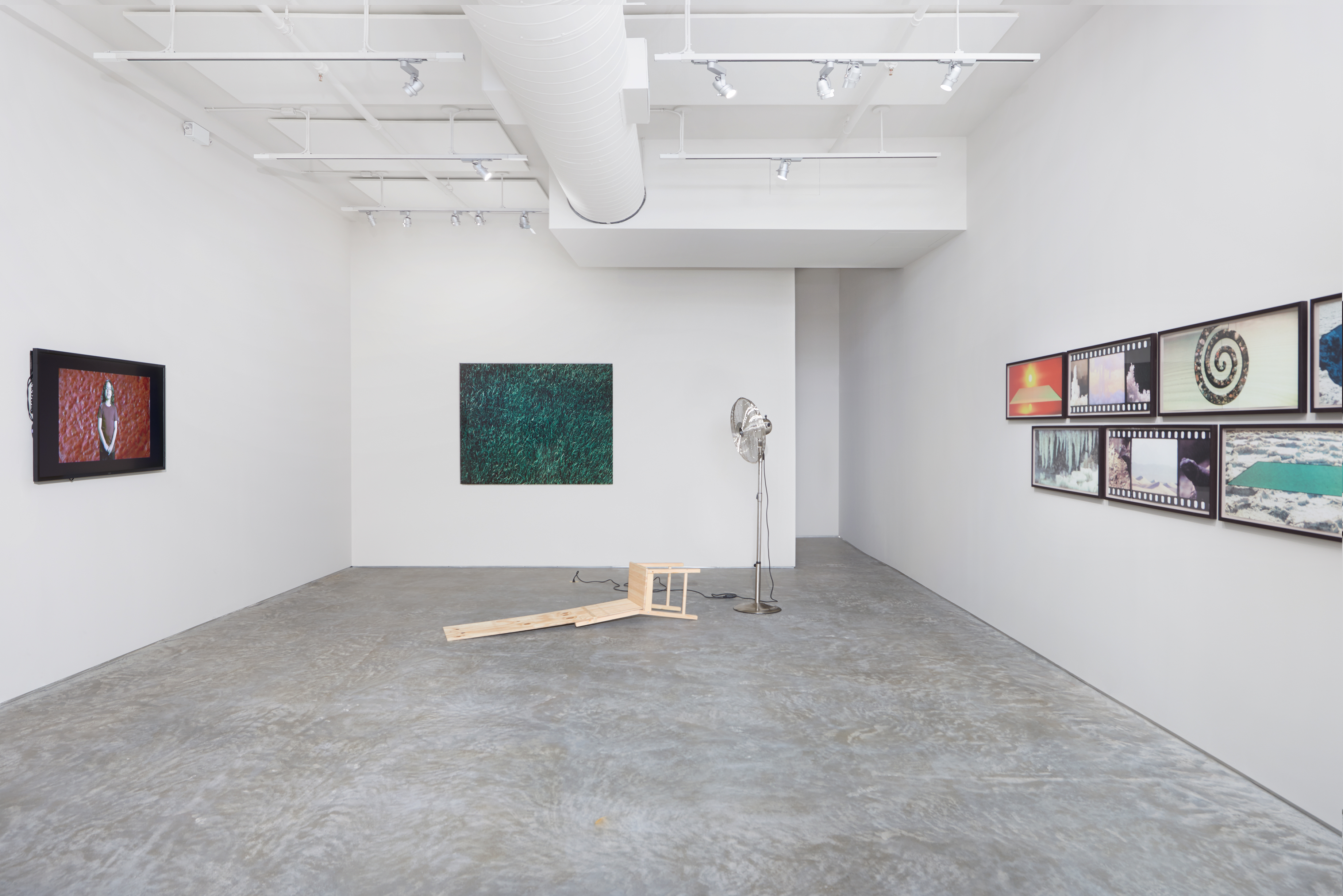 Installation shot, I Can't Tell You Because I Can't Tell You, curated by Gabriela Vainsencher. From left to right: Roee Rosen, Confessions Coming Soon, 2007. Video with sound, 8:40min. Thomas Demand, Rasen, 1998. Chromogenic print, 48 x 67 inches. Roman Signer, Stuhl mit Ventilator (Chair with Fan), 1999. Chair, fan, dimensions variable. Tacita Dean, JG (offset), 2013. Handmade offset, archival offset 250 gr, 11 13/16 x 30 1/2 inches. (Credit: Phoebe D'Heurle)