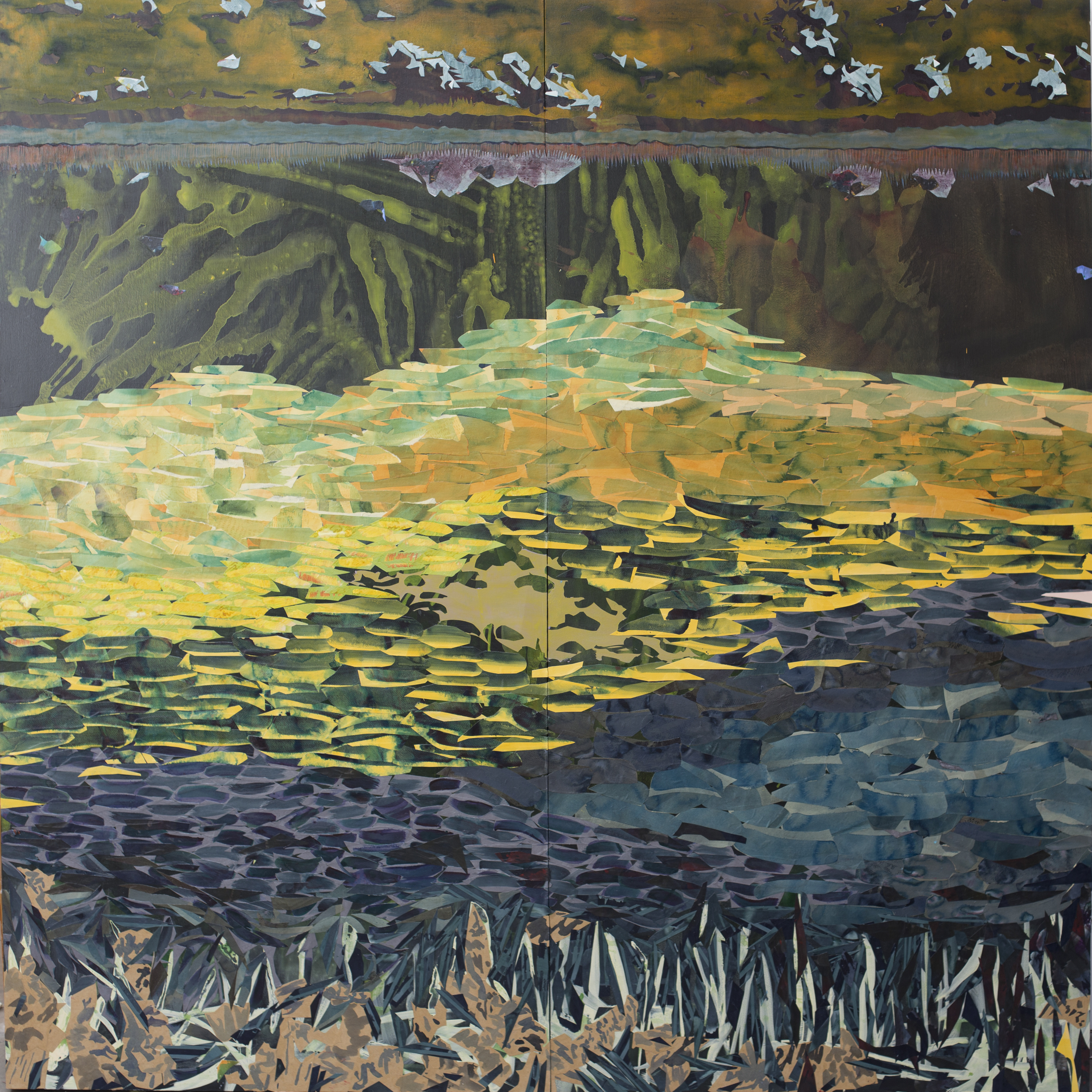  Irrigation Pond, Acrylic, paper and screen print on panel, 72"x72," 2014