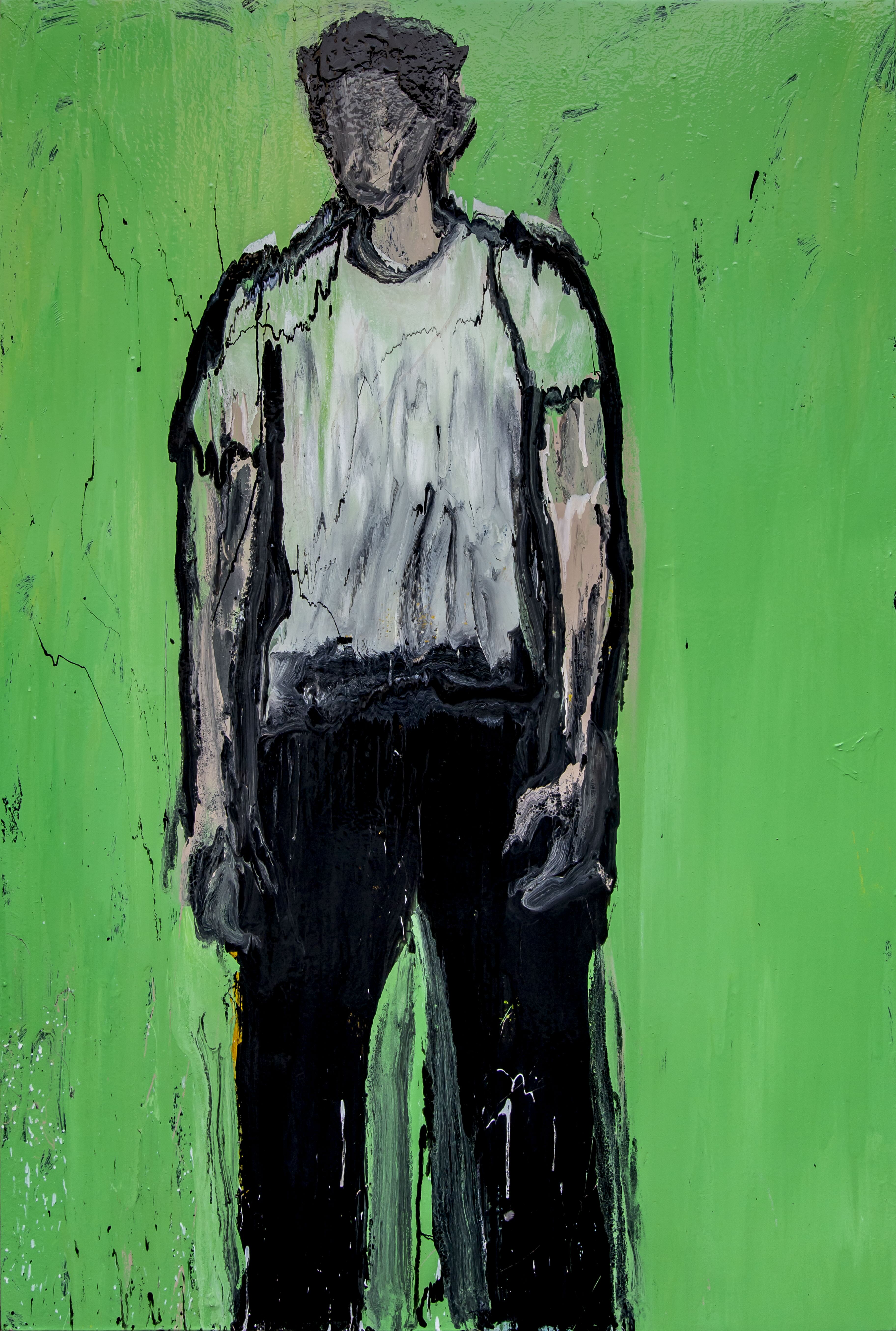 Nafees is tired, 2024, enamel paint on canvas, 196 x 135 cm