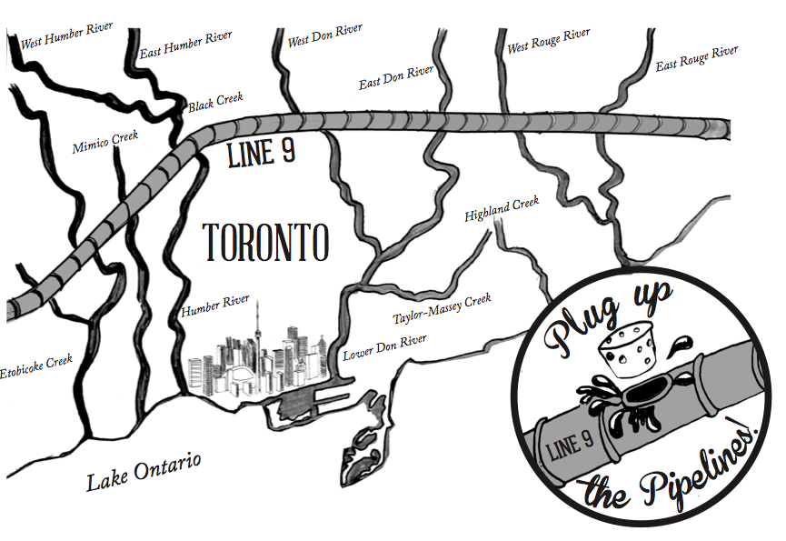 As part of the campaign to stop the Line 9 pipeline from transporting oil in unsafe infrastructure, this map highlighted how the city of Toronto would suffer from a leak: Line 9 crosses over every major river in the city.