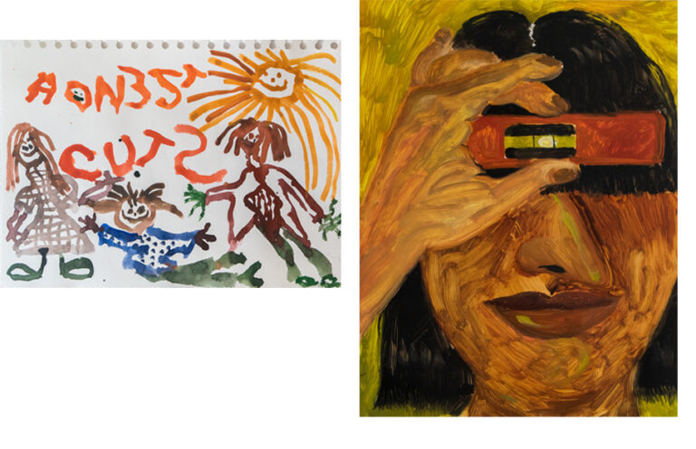 2 paintings. The first painting is seemingly made by a child. There are 3 stick figures smiling under the smiling sun. There is text that reads "honest cuts" the S's are written backwards. The second painting is a portrait of a person whose bangs are in front of their eyes. A hand is holding up a bubble level to seemingly measure the angle of the persons bangs.