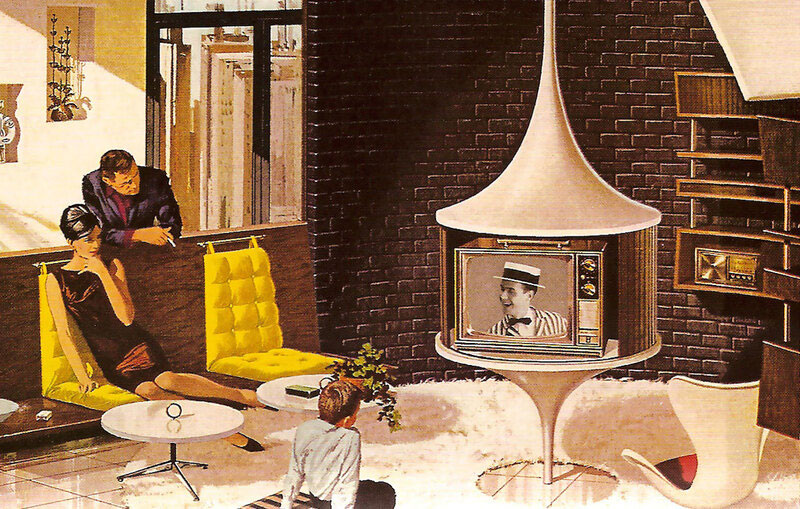 Charles Schridde’s advertisement of a family watching tv in an art deco living room as the husband leans over and smokes a cigarette.