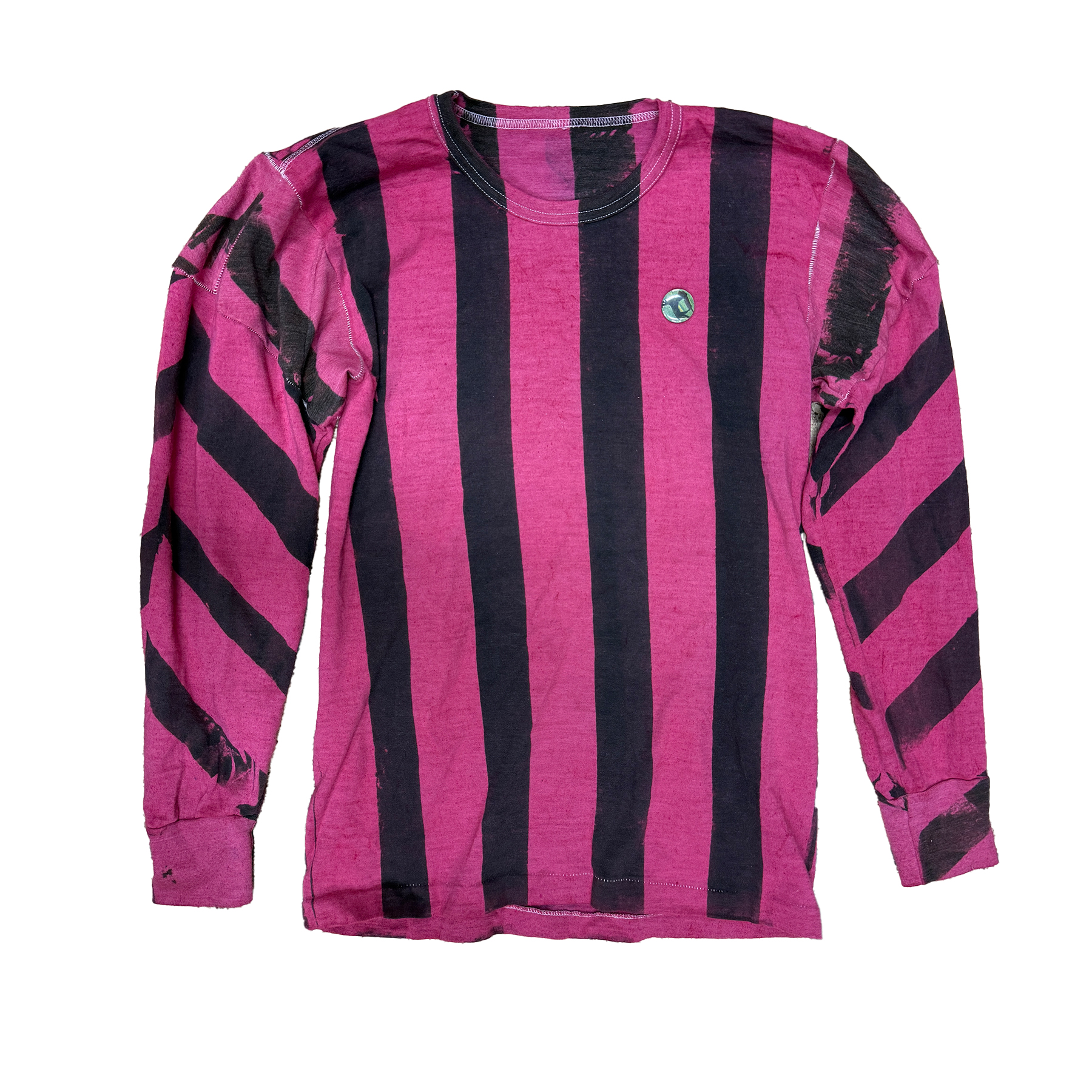 reclaimed vintage surplus thermal shirt tailored to have a boxy fit and wide sleeves. Allover printed with stripes using textile dye