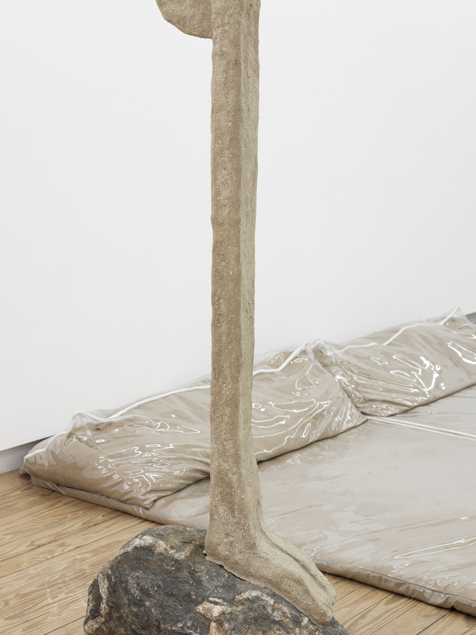 Lone And Level, 2021, vinyl, sand, polymer, burlap, steel, rock, shower curtain hooks