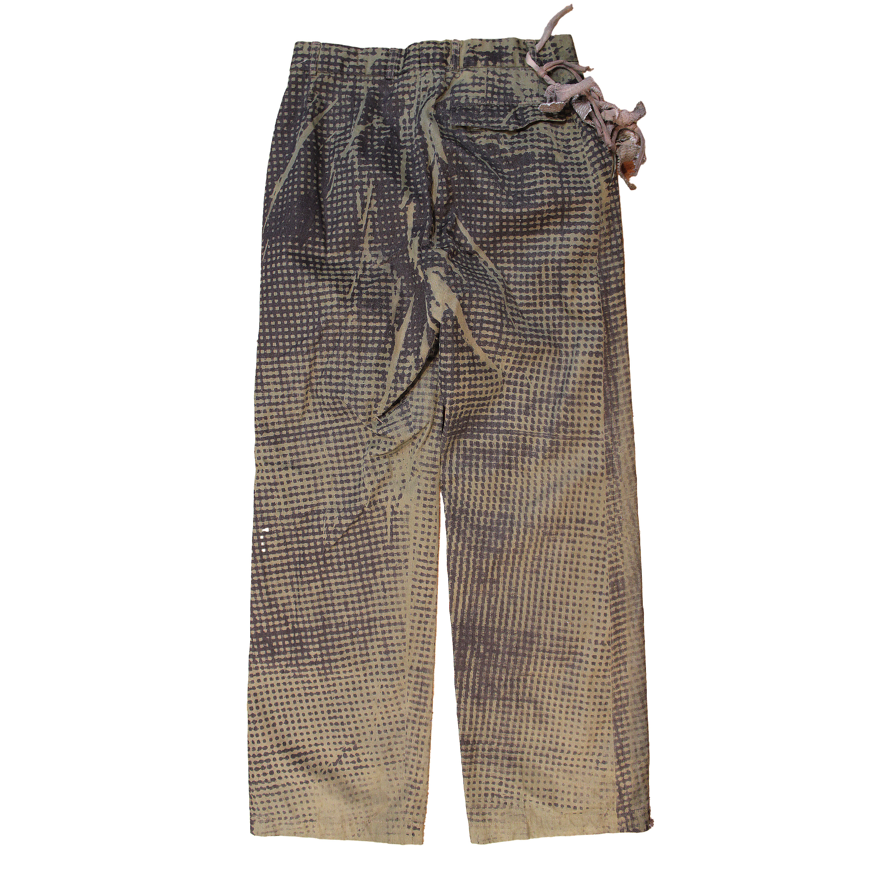 reclaimed vintage surplus dress pants screen printed with gingham in textile dye. tailored for straight/wide fit. fitted with custom keychain, scrap chain, and leather patches